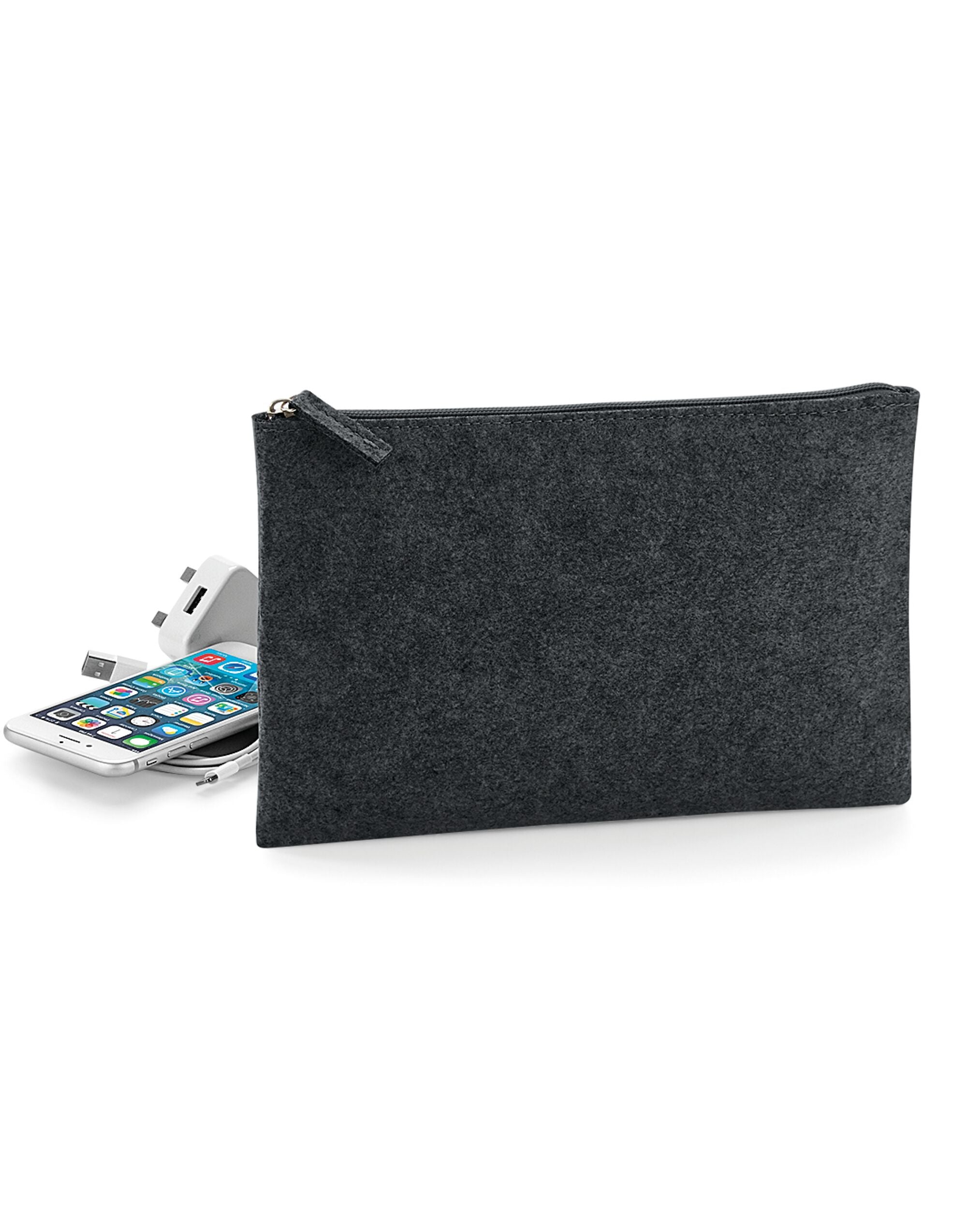 The dark grey felt pouch, showcasing its high-quality felt and secure zipper closure.