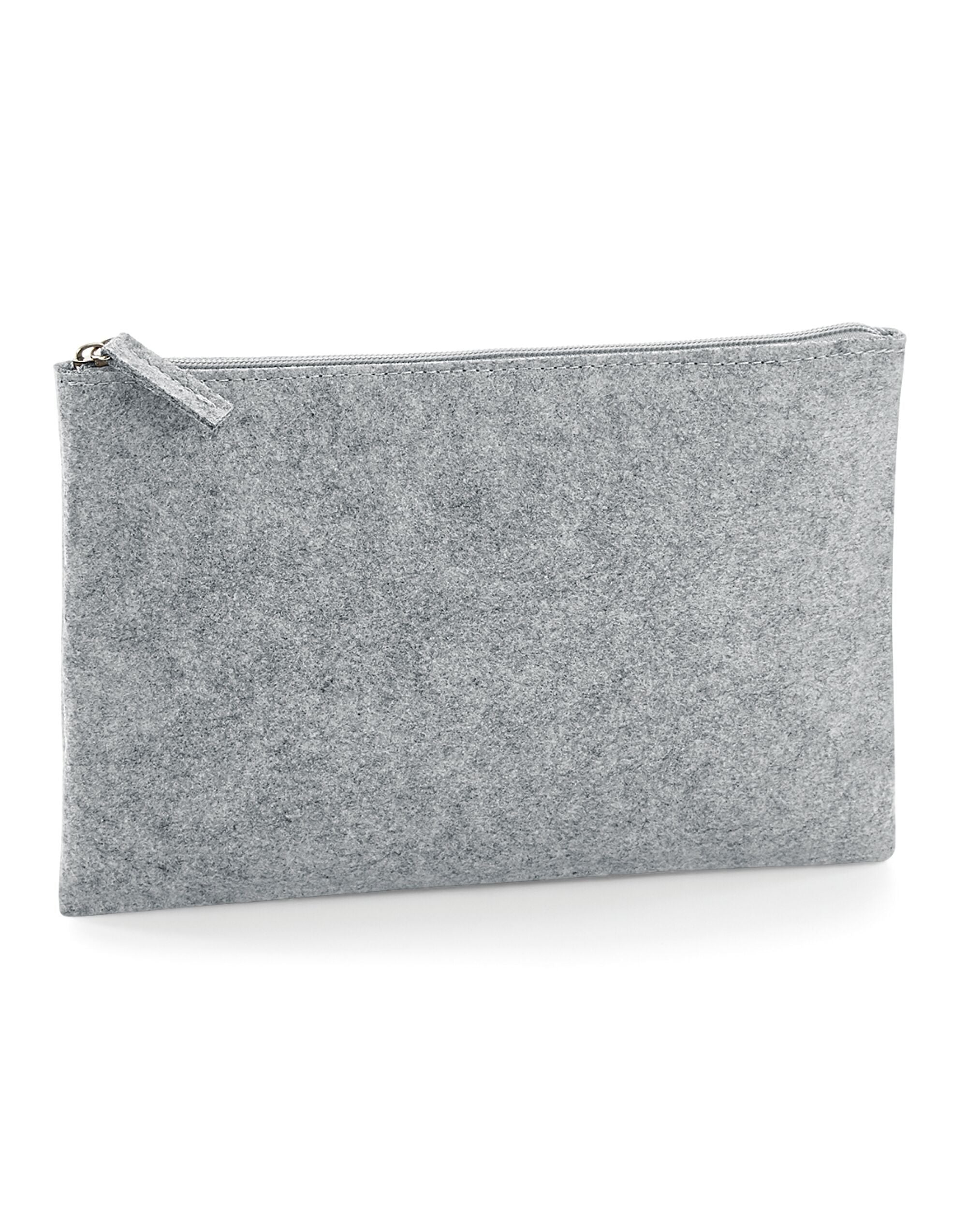 Close-up on the textured felt and branded zip pull of the Bagbase accessory pouch.