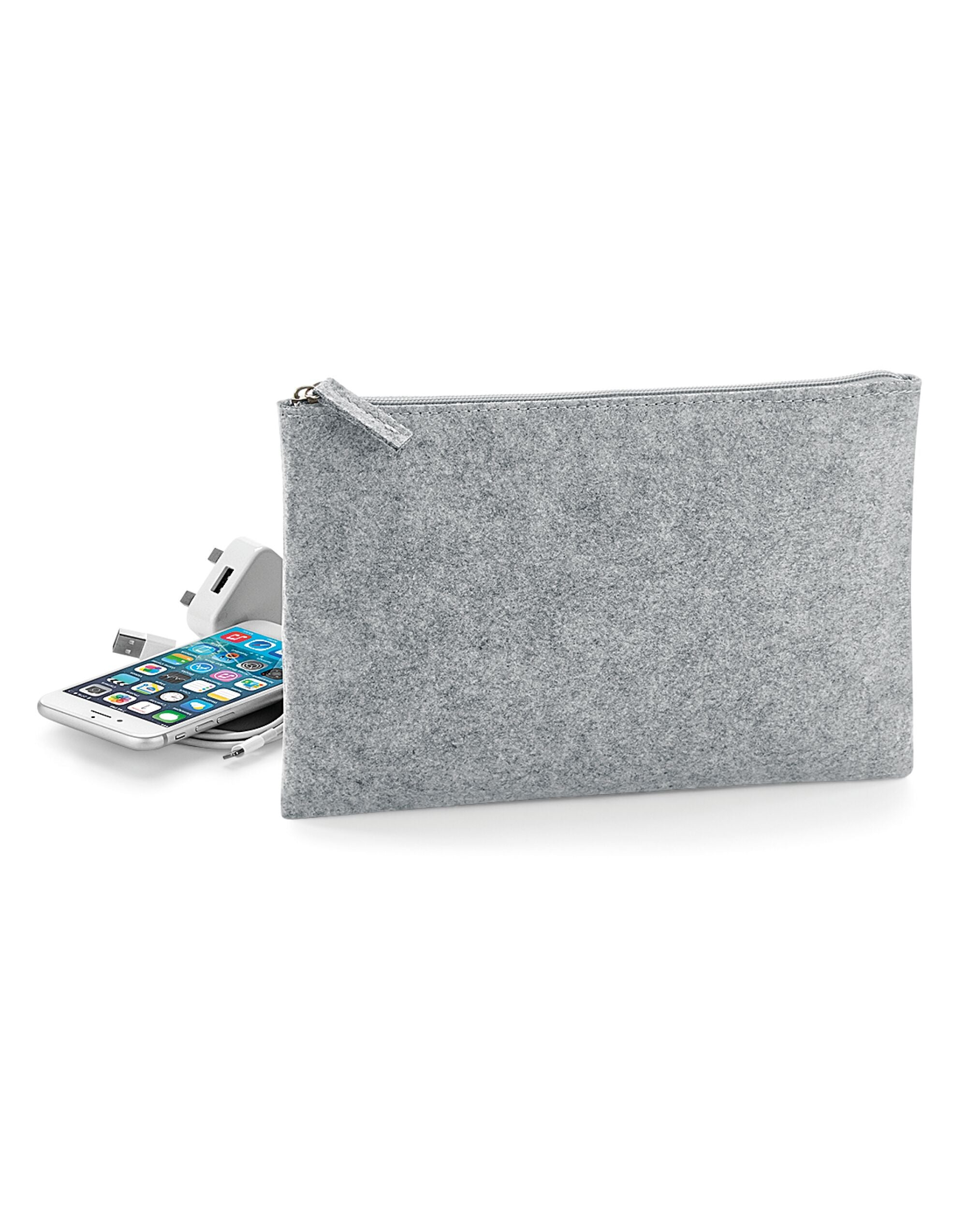 A person holding the dark grey Bagbase Felt Accessory Pouch to show its handy size.