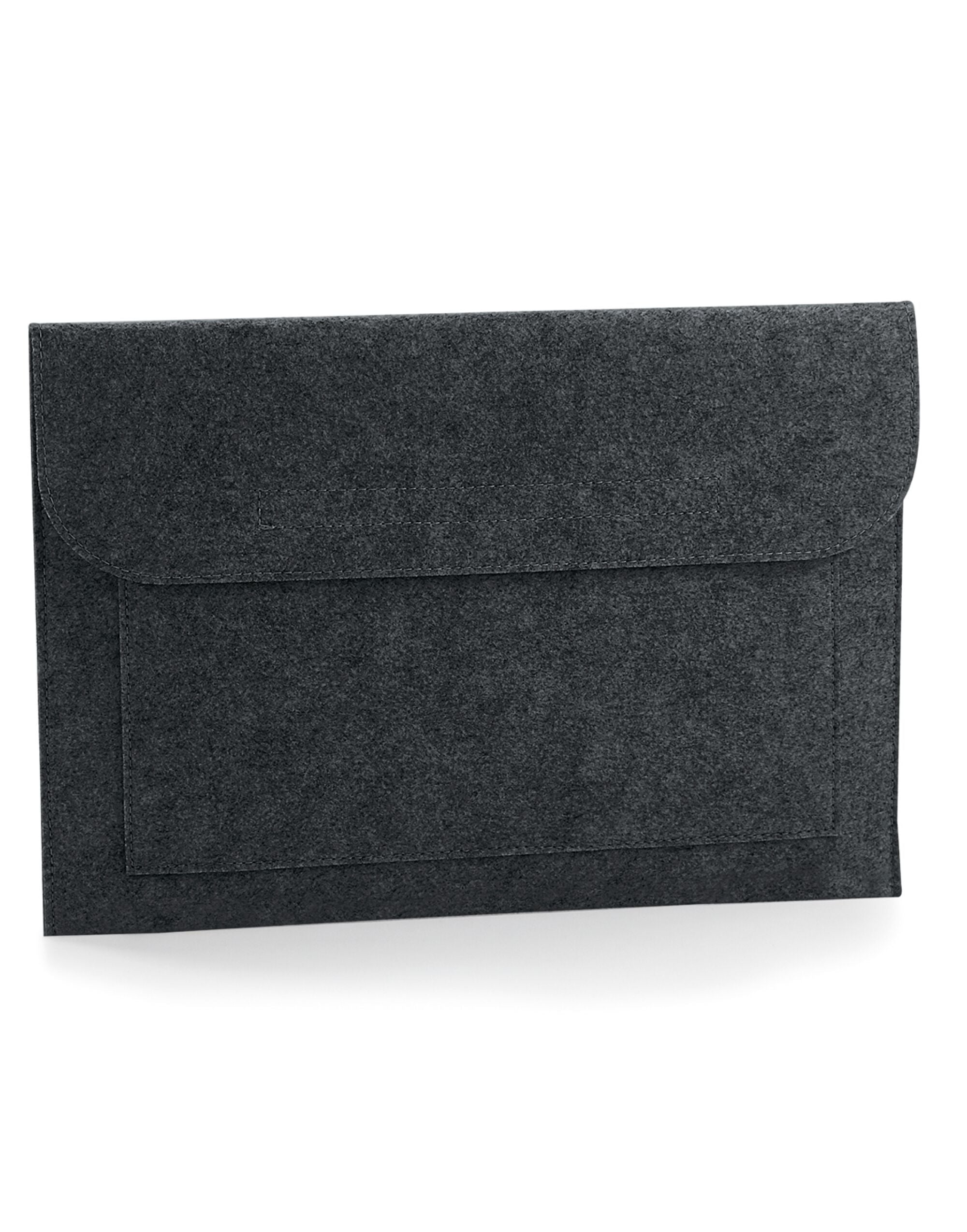 The dark grey felt laptop sleeve with a laptop being inserted to demonstrate its purpose.