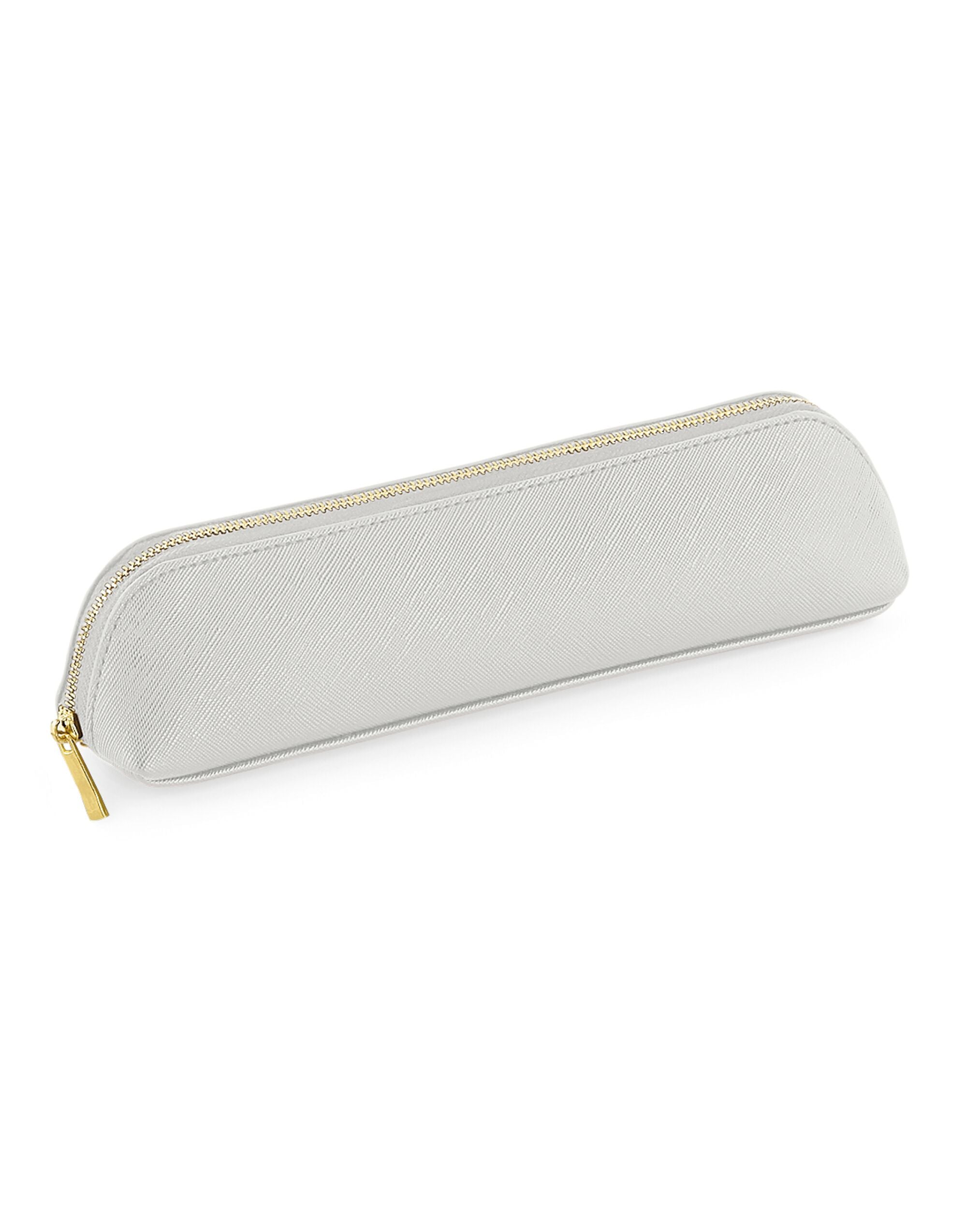 Close-up on the cute, compact design and Saffiano texture of the mini accessory case.