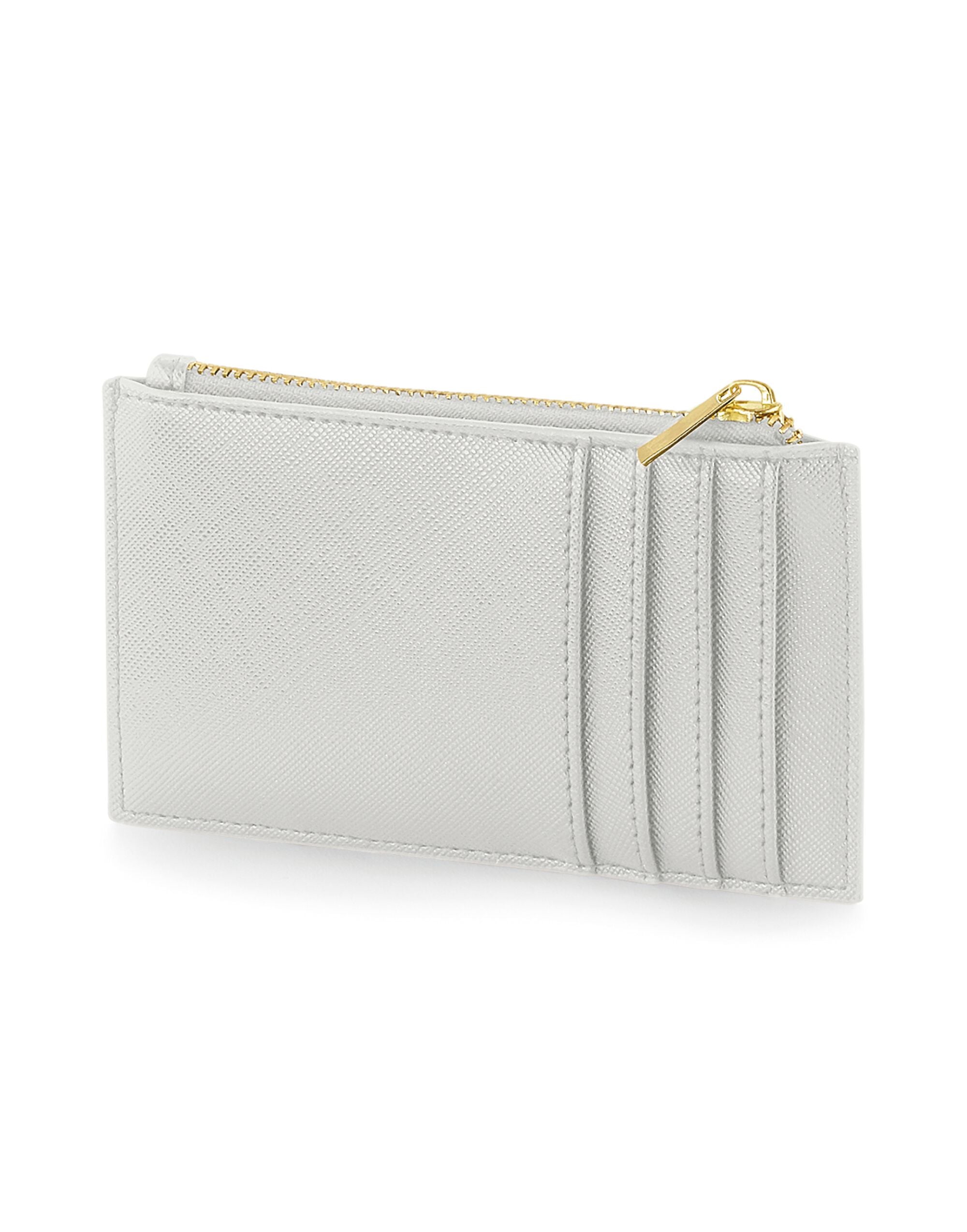 Close-up of the fine grain Saffiano texture and neat stitching on the card holder.