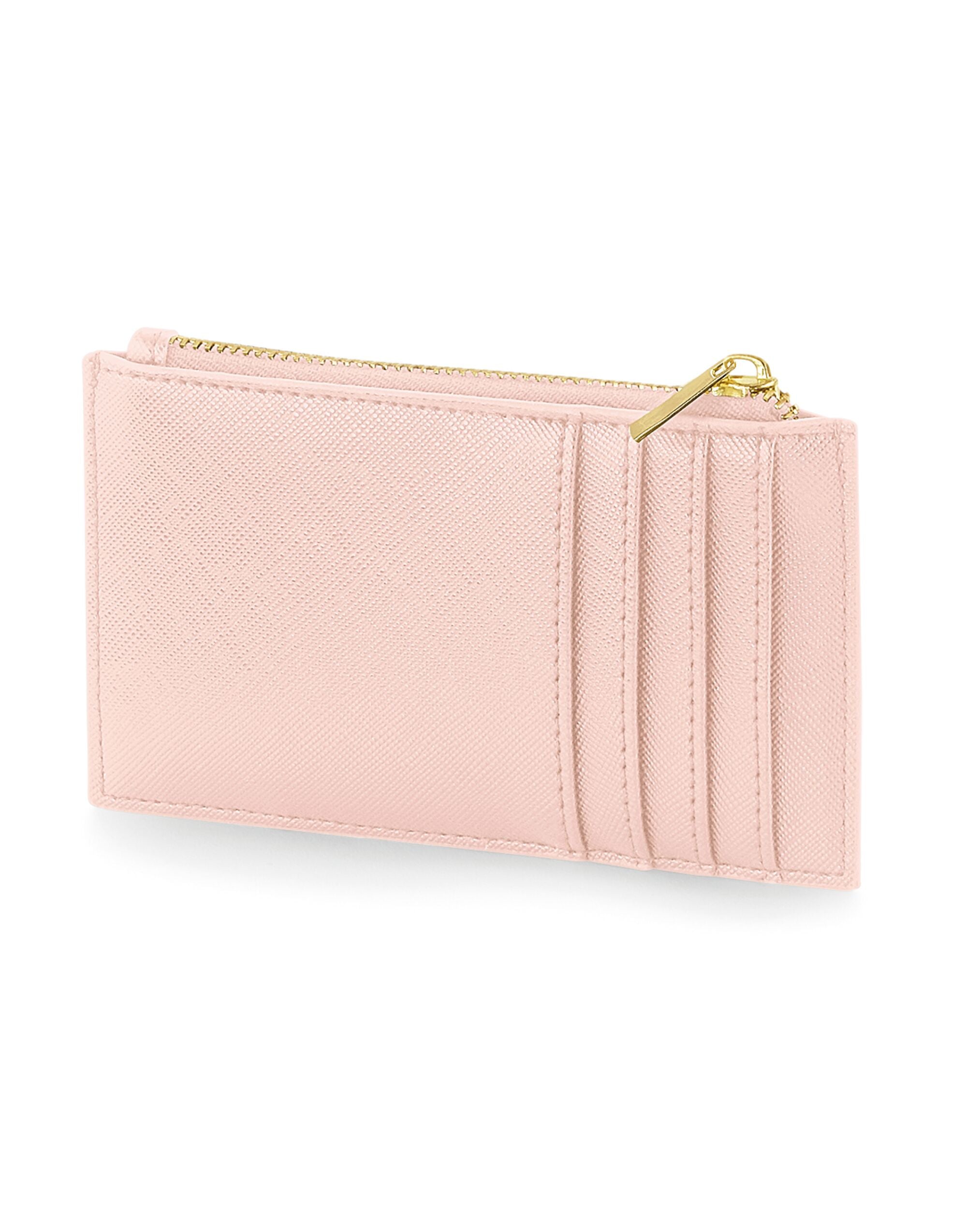 Blush pink leather cardholder wallet with zipper pouch and gold-tone hardware