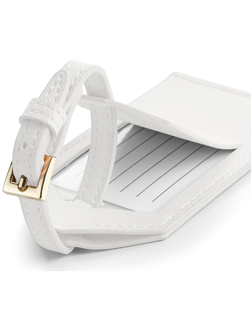 Angled view of the oyster-colored waist bag.