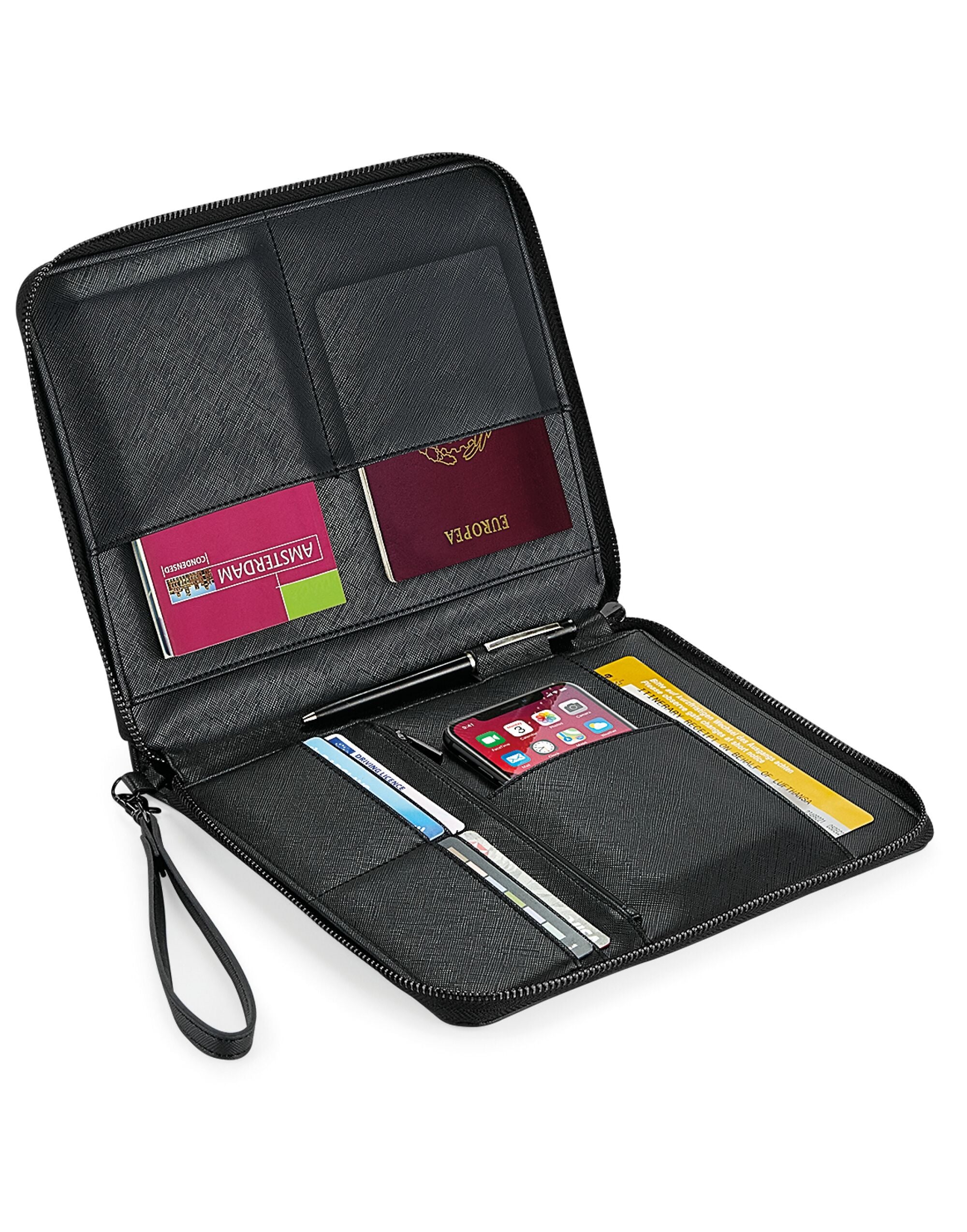 Interior del organizador de tecnología de viaje Bagbase Boutique negro con compartimentos.