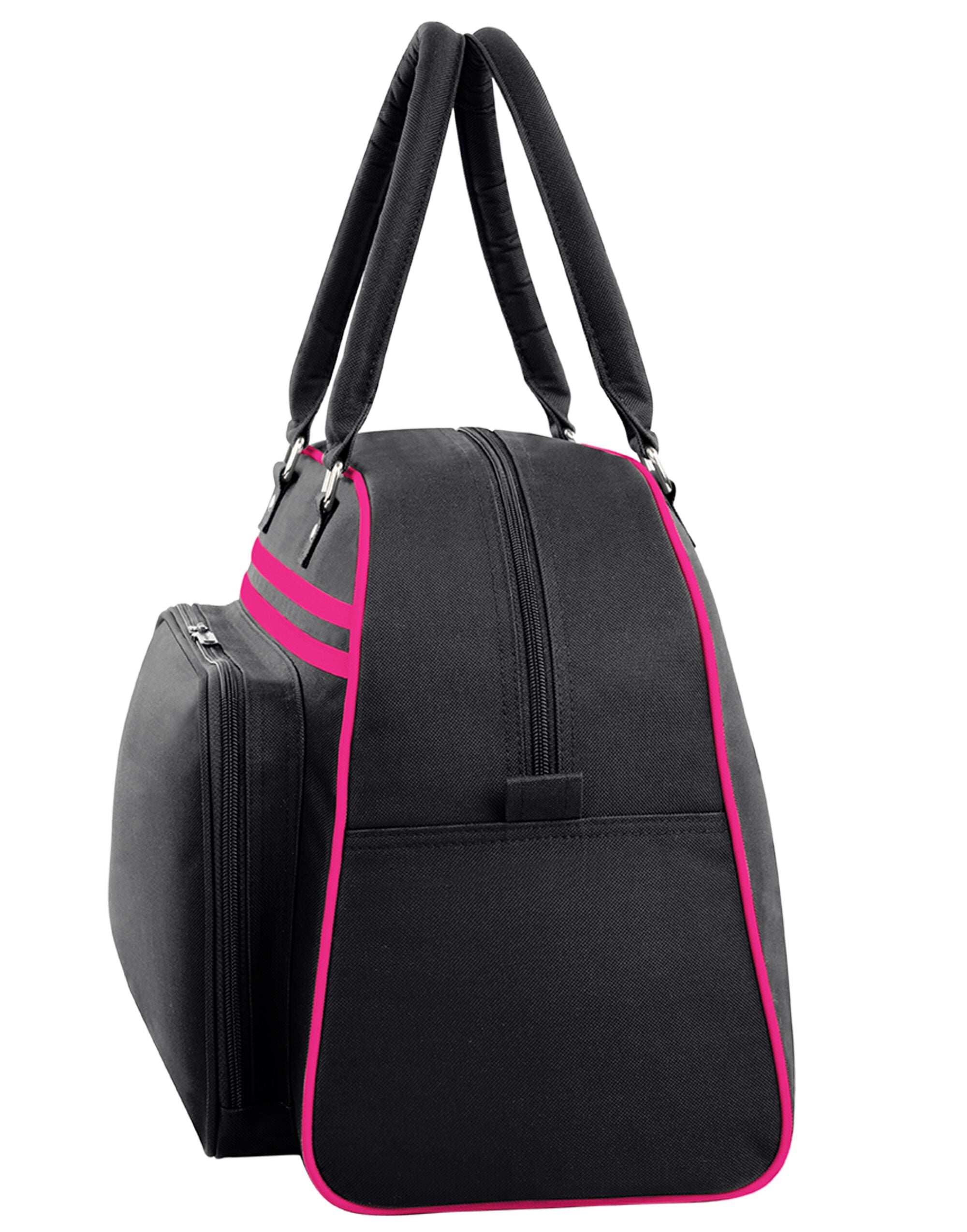 Angled view of the white and black Bagbase Retro Bowling Bag, showcasing its vintage-inspired silhouette.