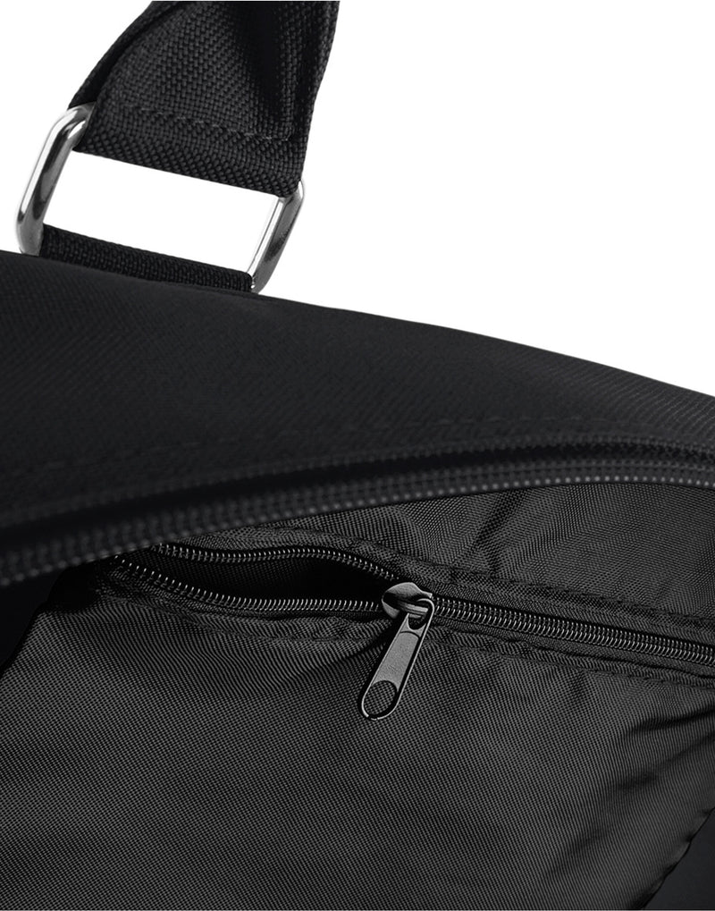 Bright red and white Bagbase Retro Bowling Bag, featuring a zippered main compartment and front pocket.
