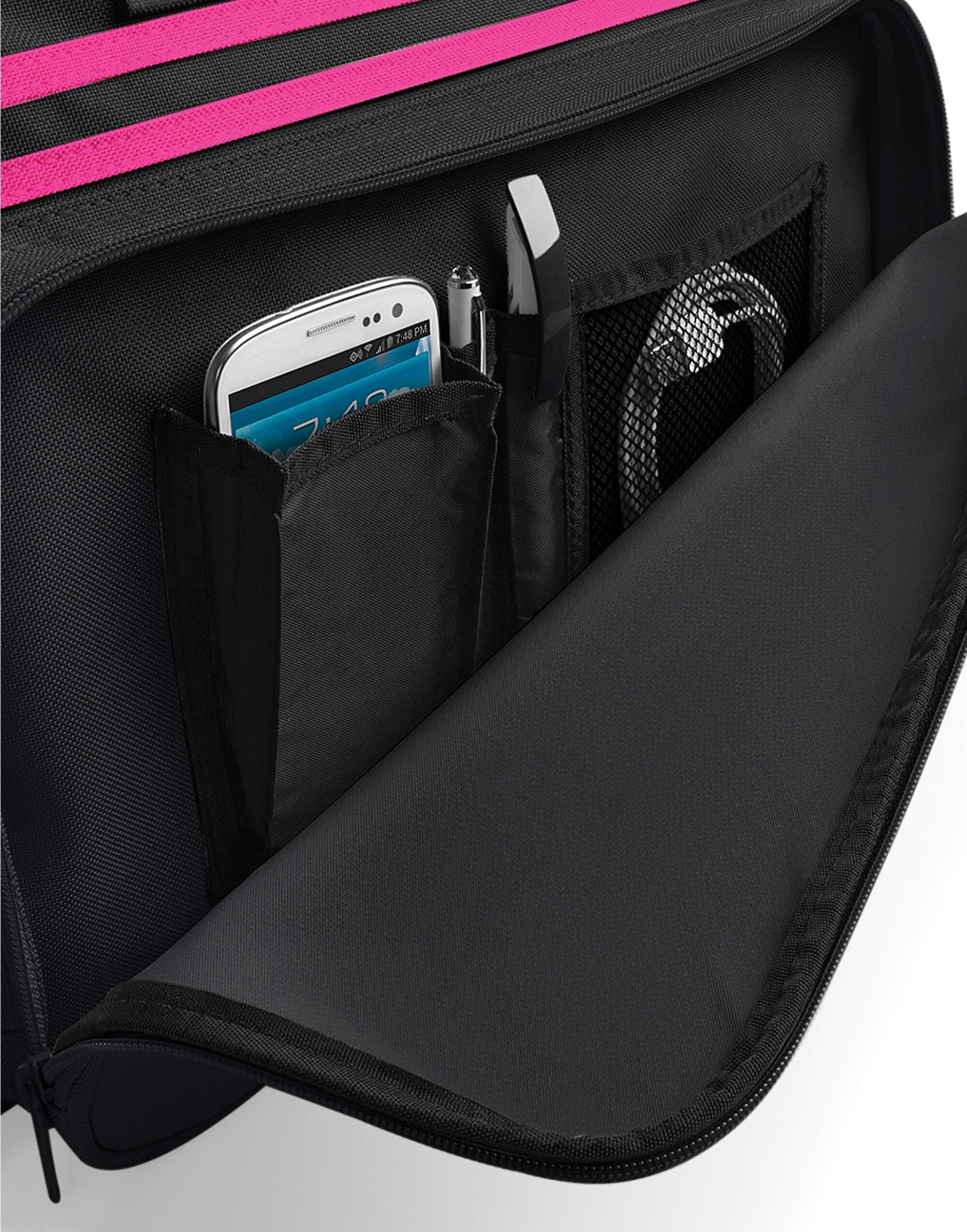 The black and fuchsia Bagbase Retro Bowling Bag, a bold and eye-catching color combination.