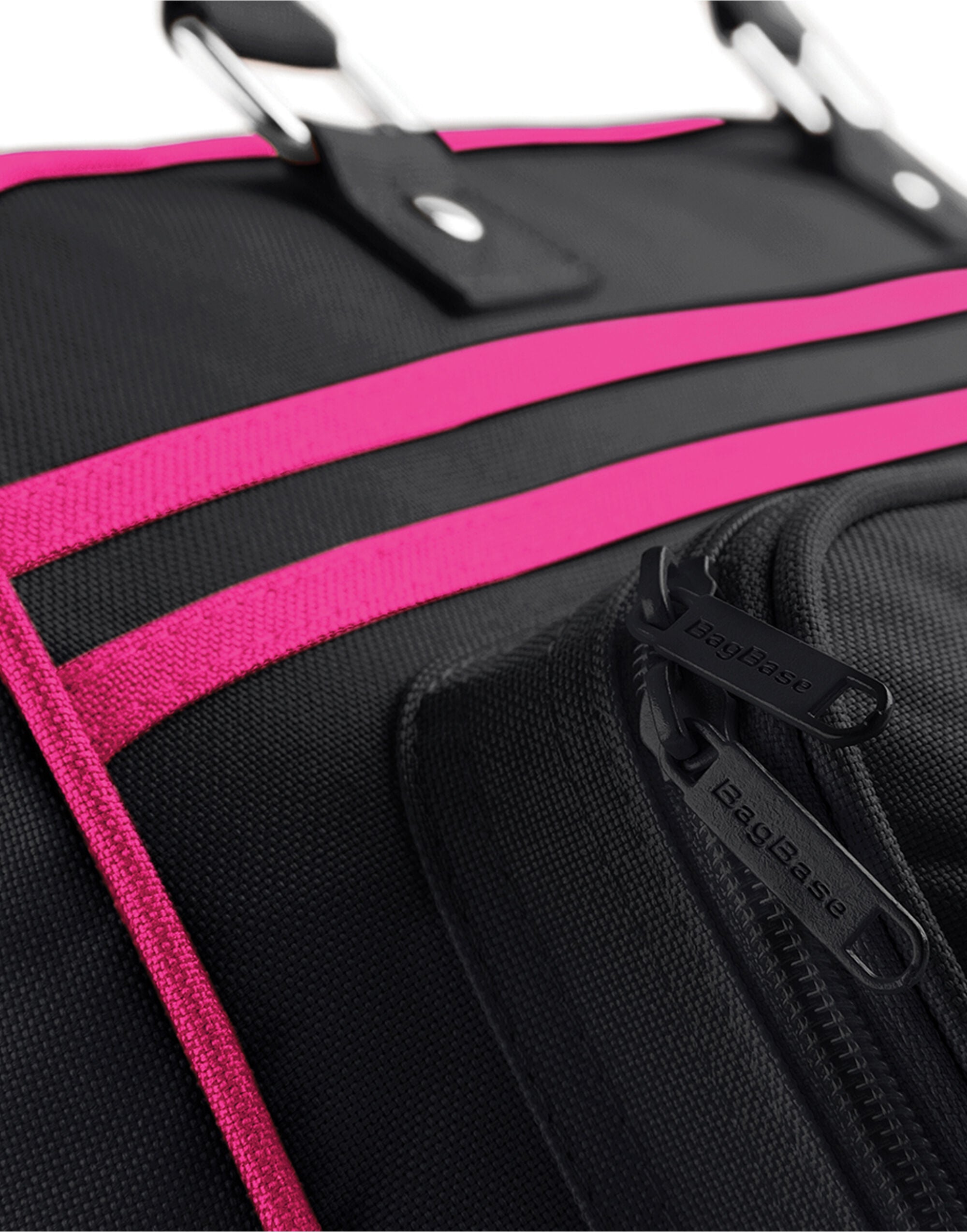 Close-up of the durable webbing carry handles and contrast piping on the bowling bag.