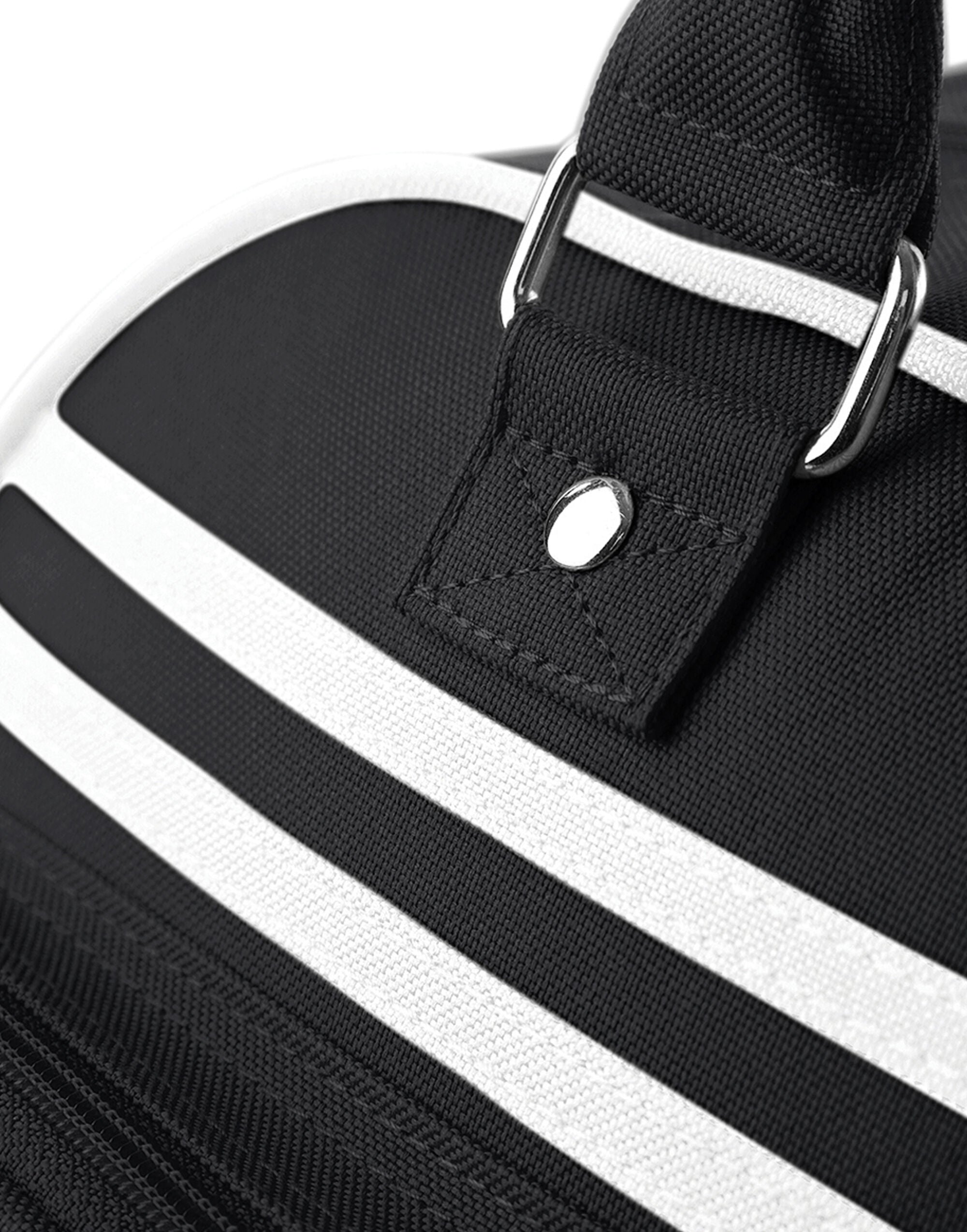 Three-quarter view of the sky blue and white Bagbase Retro Bowling Bag.