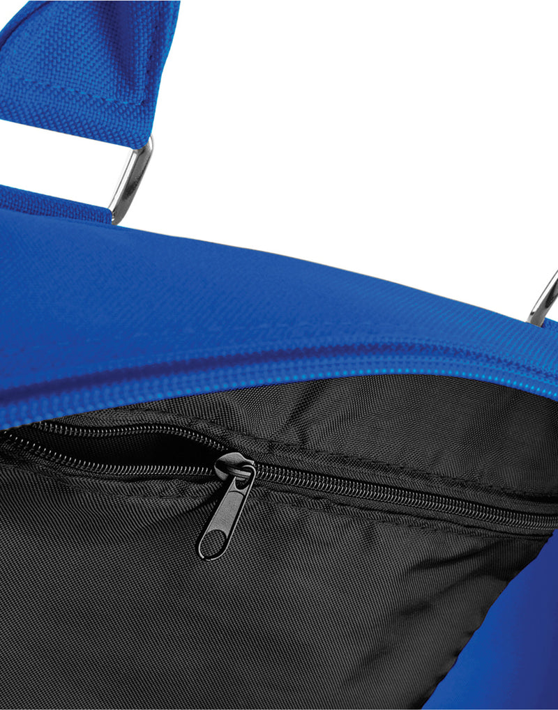 Detail of the zippered front pocket, perfect for storing smaller, essential items.