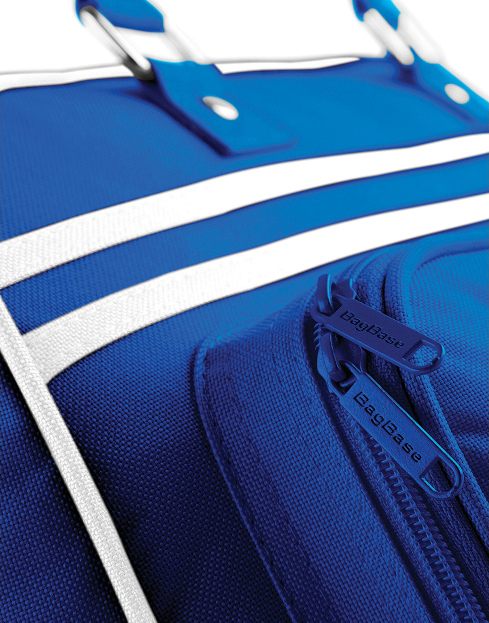 The white and royal blue Bagbase Retro Bowling Bag, a fresh and sporty look.