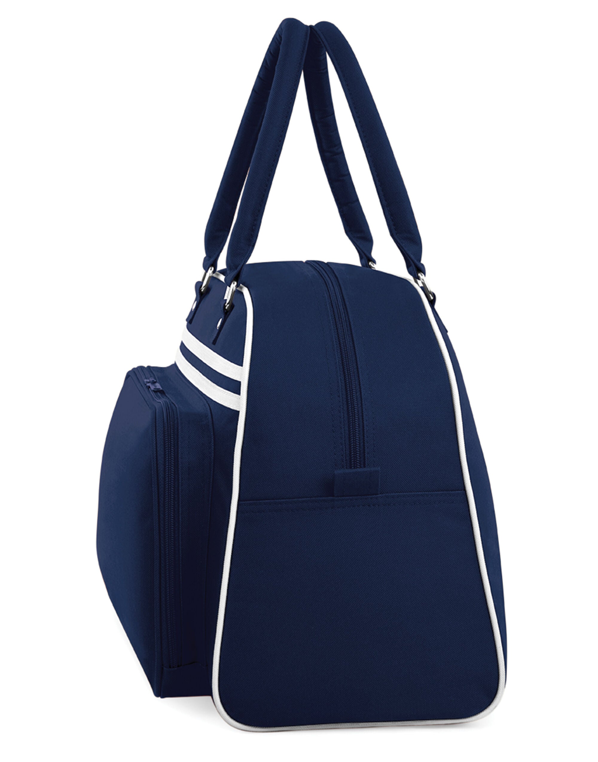 The Bagbase Retro Bowling Bag in a deep purple and white color scheme.