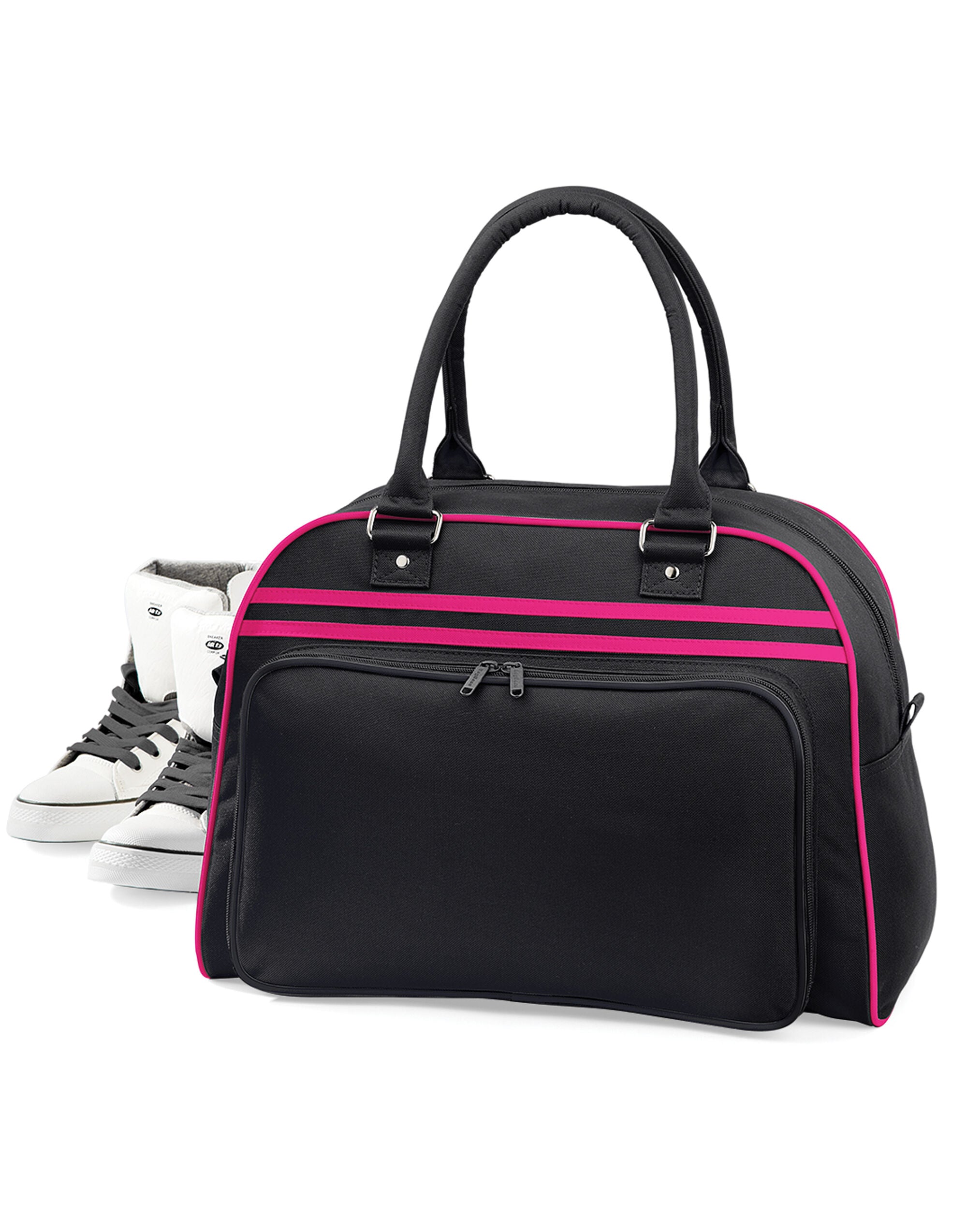 Front view of the Bagbase Retro Bowling Bag in black with white piping and handles.