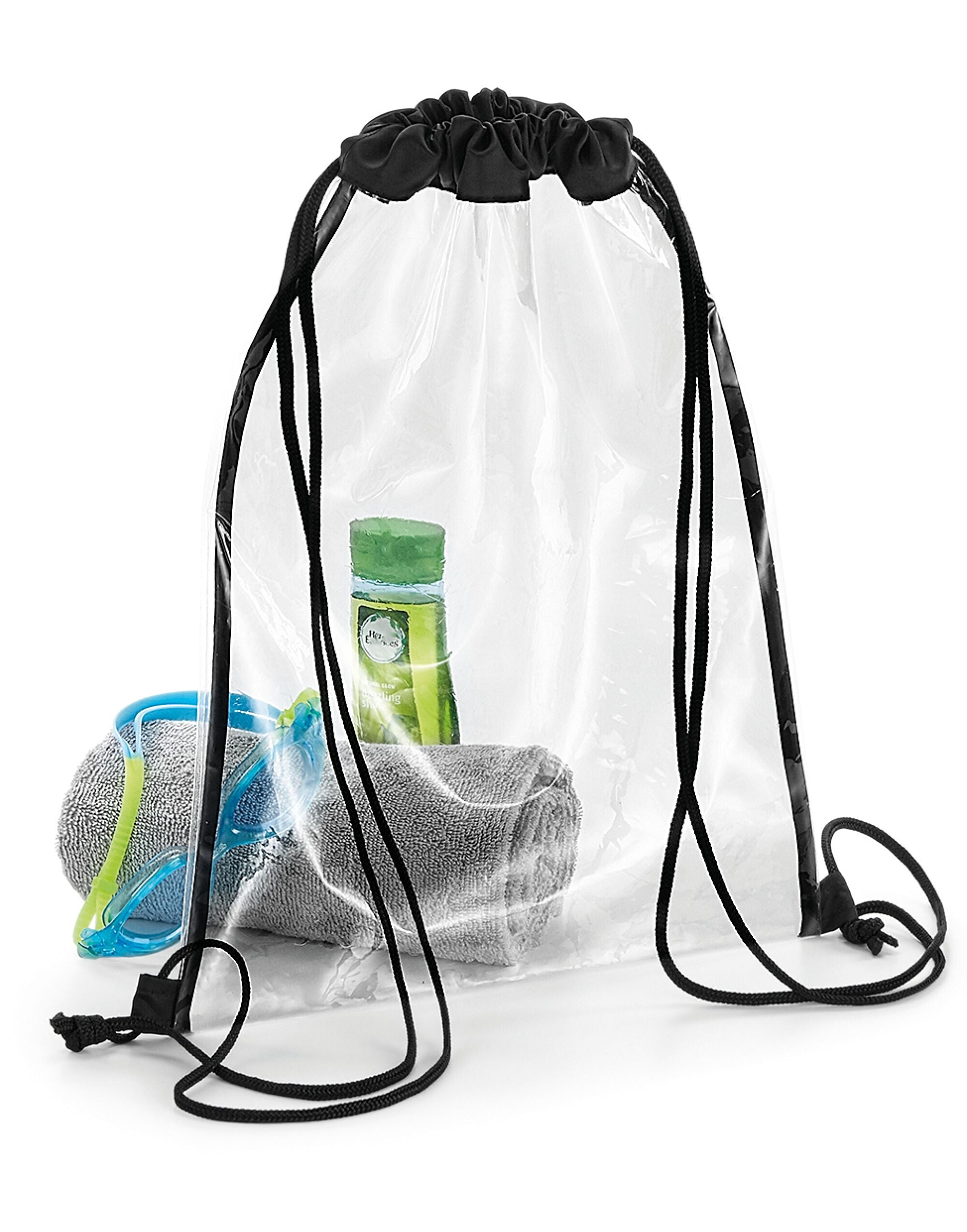 Front view of the Bagbase Clear Gymsac, a transparent drawstring bag ideal for security-checked venues.