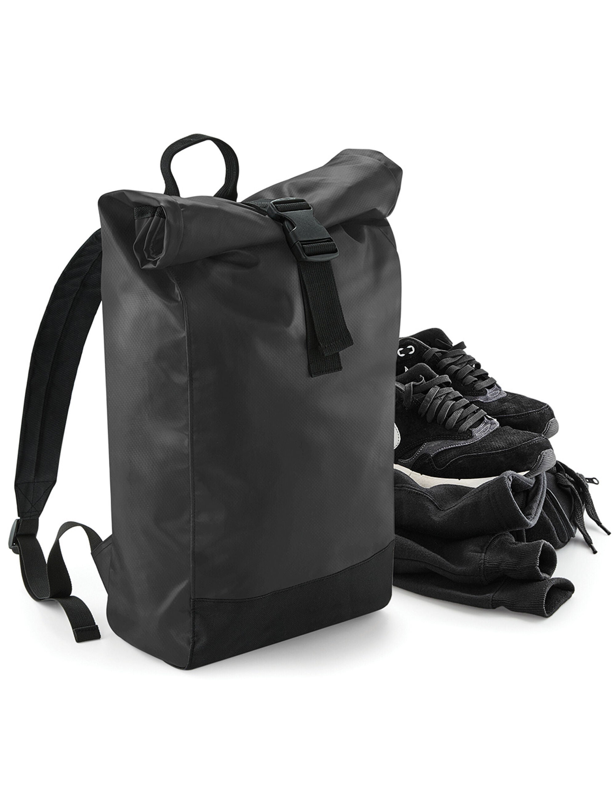 Black waterproof tarpaulin roll-top backpack.