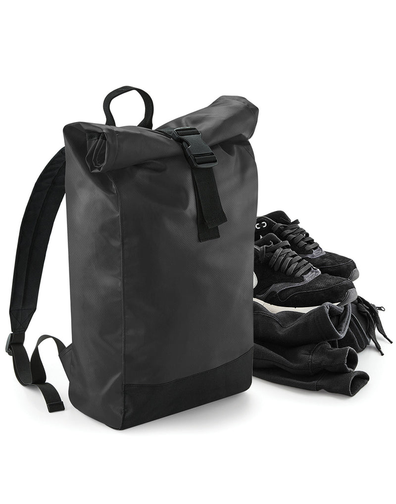 Black waterproof tarpaulin roll-top backpack.