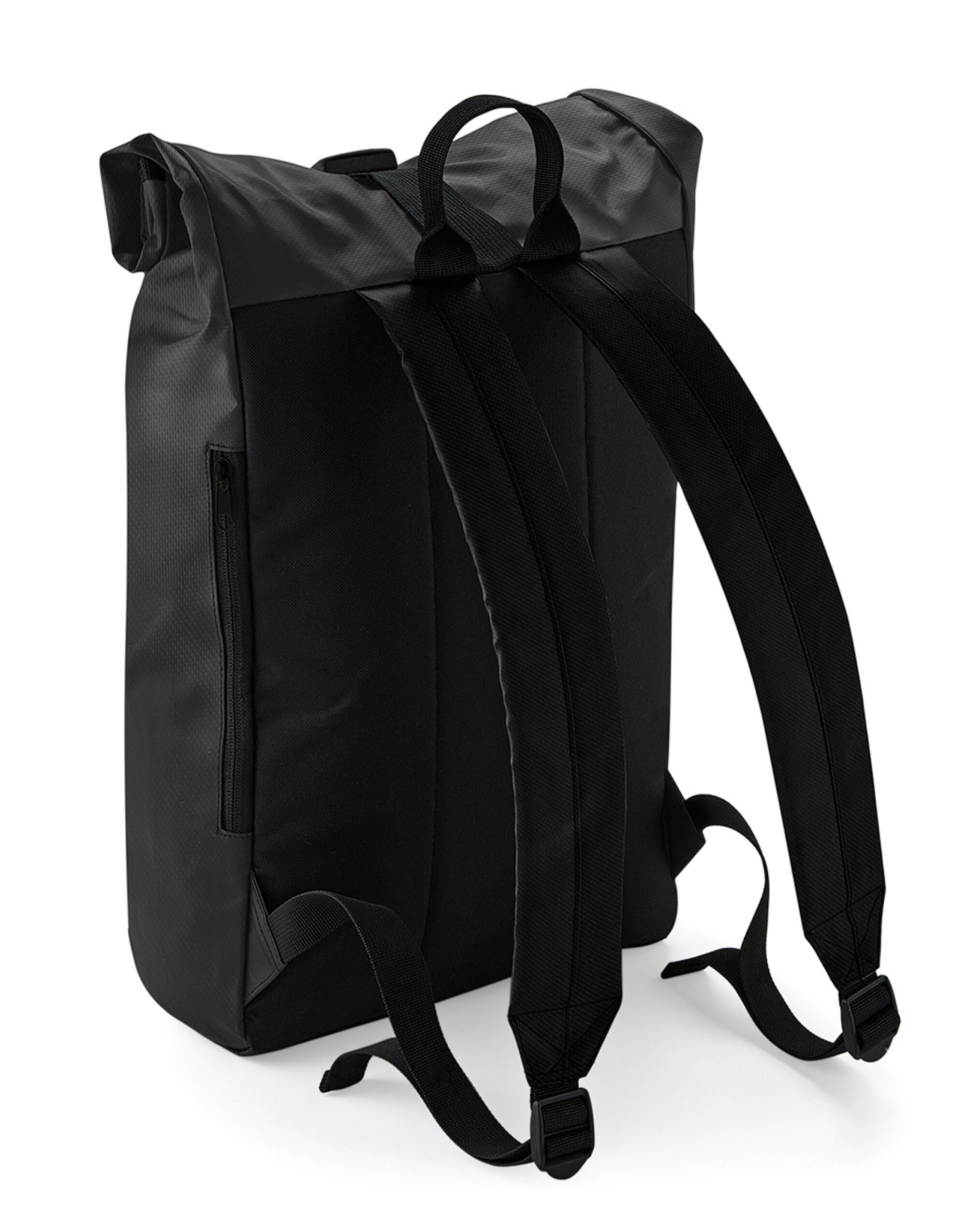 Angled view of the black roll-top backpack.