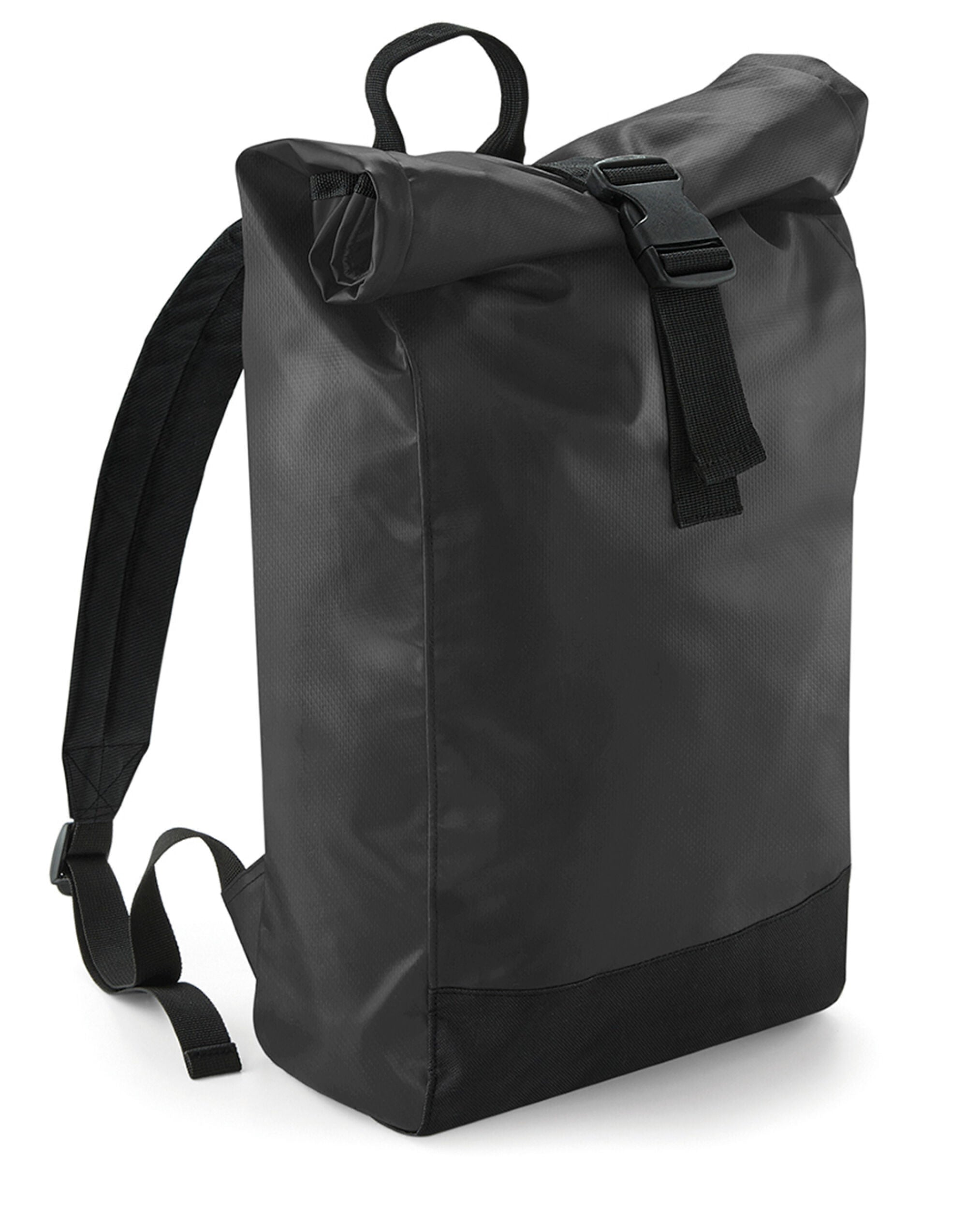 Black waterproof tarpaulin roll-top backpack.