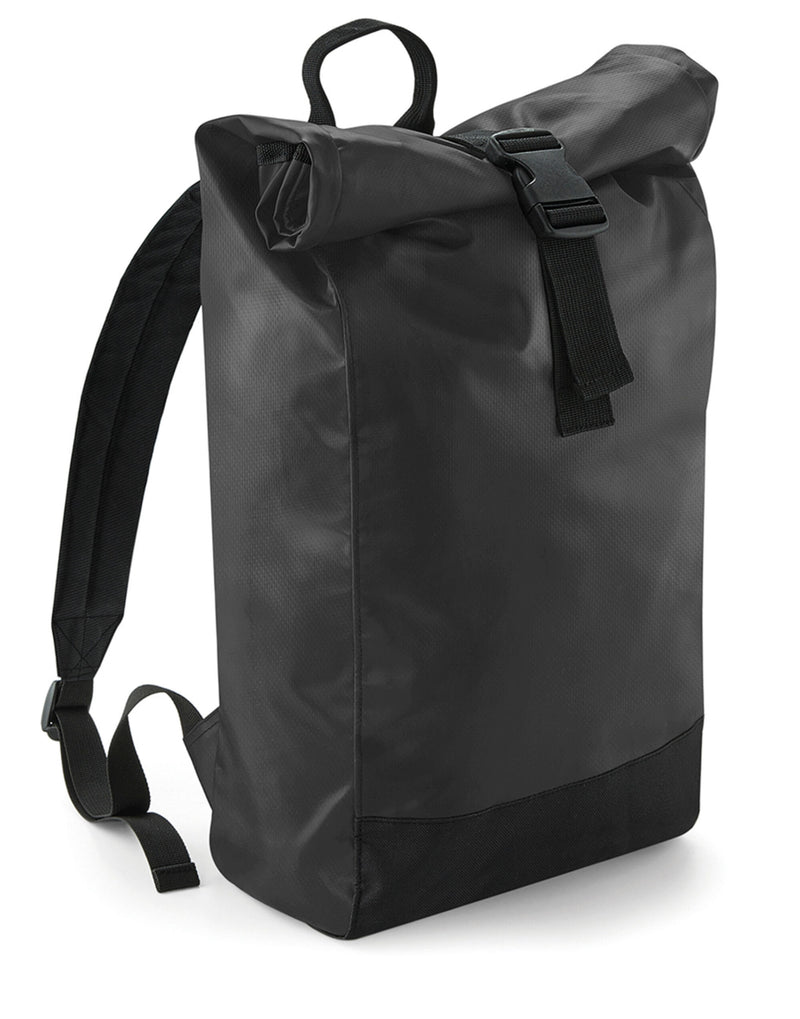 Black waterproof tarpaulin roll-top backpack.