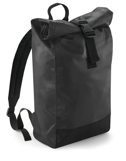 Black waterproof tarpaulin roll-top backpack.