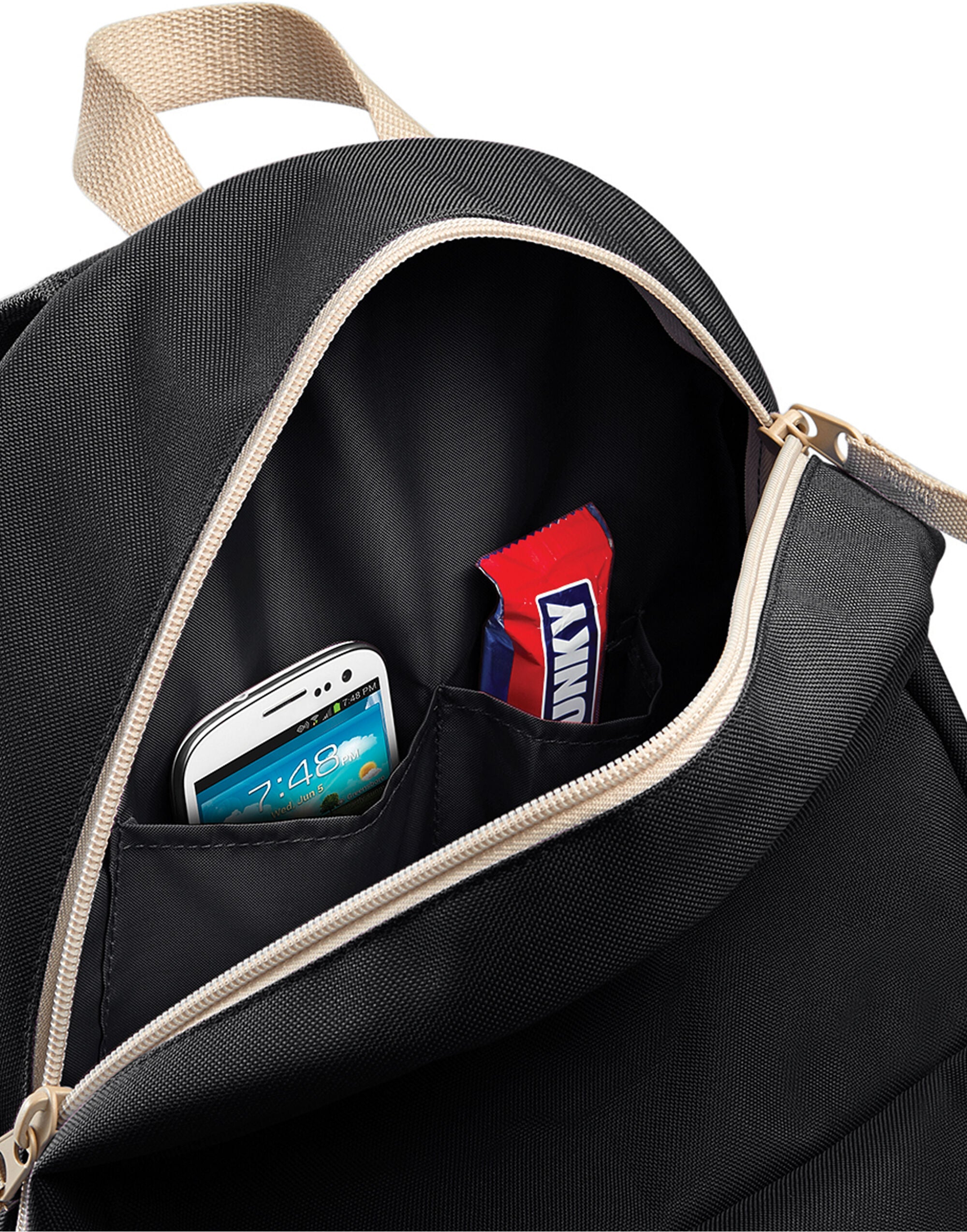 Black heritage backpack with striped lining detail.