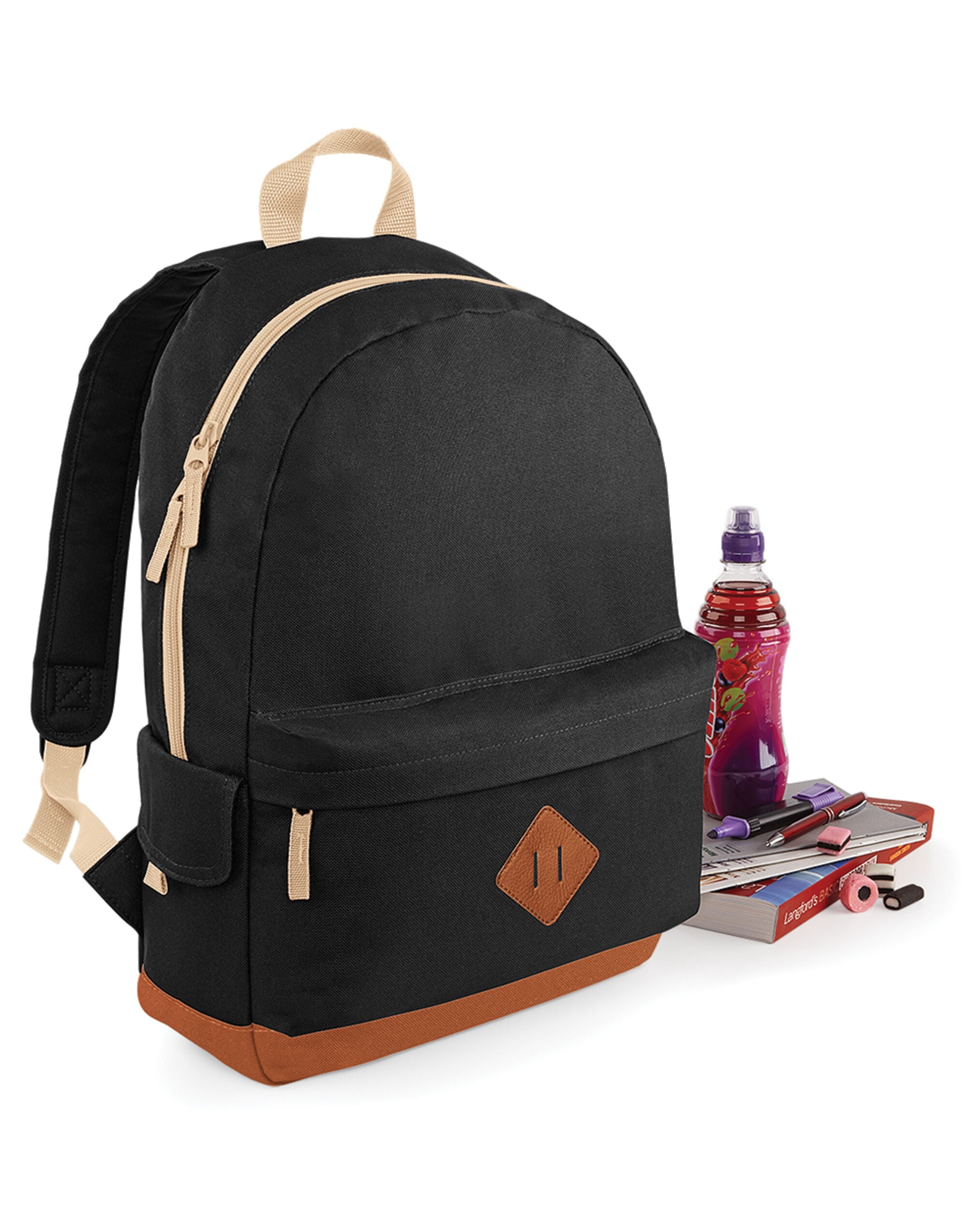 Vintage-style caramel and black heritage backpack.