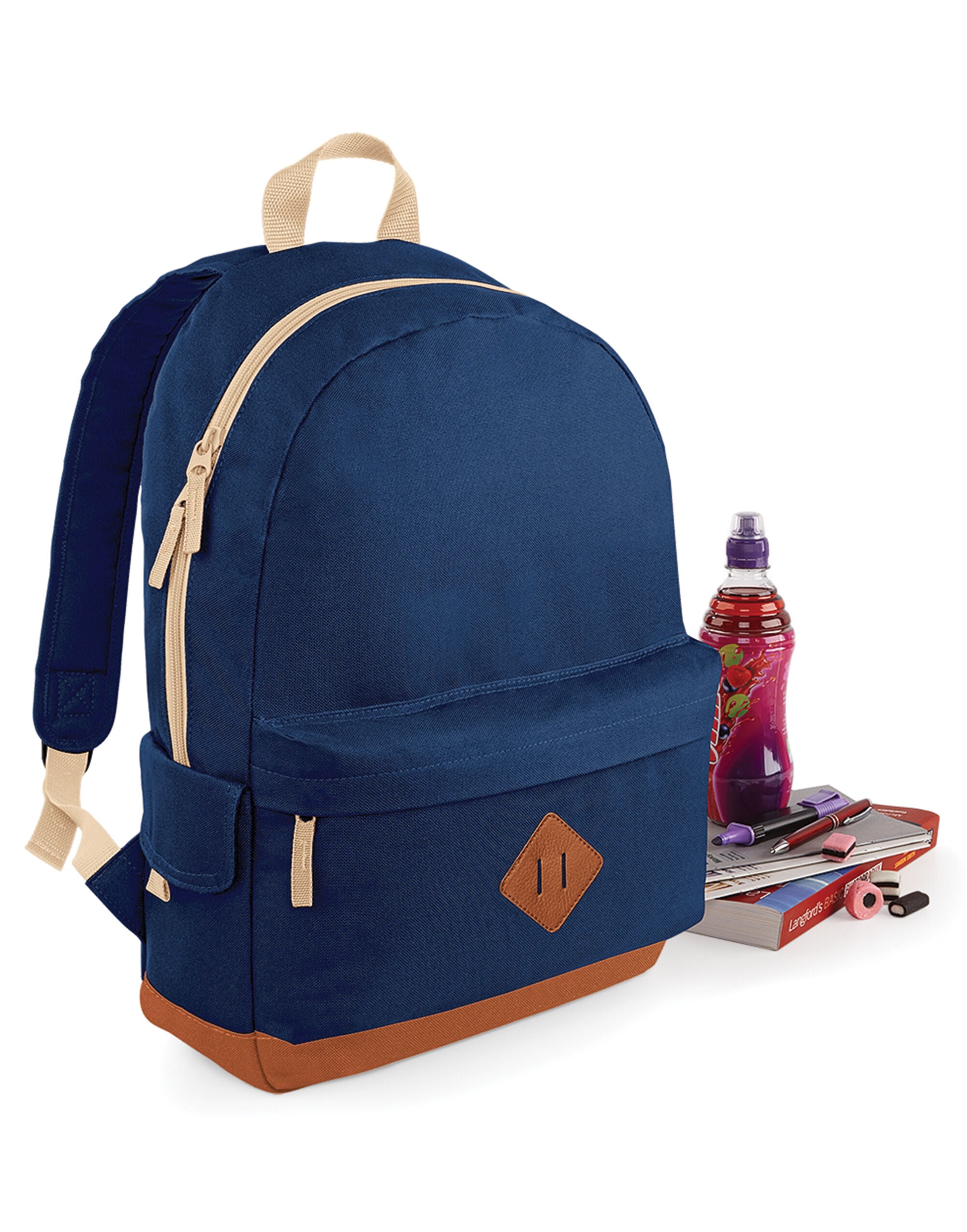 Navy and brown heritage backpack with front pocket.
