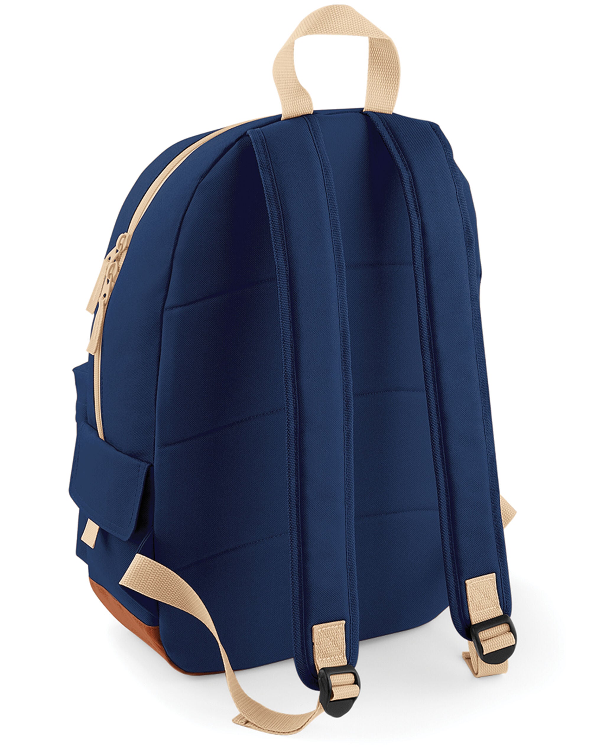 Angled view of the navy heritage backpack.