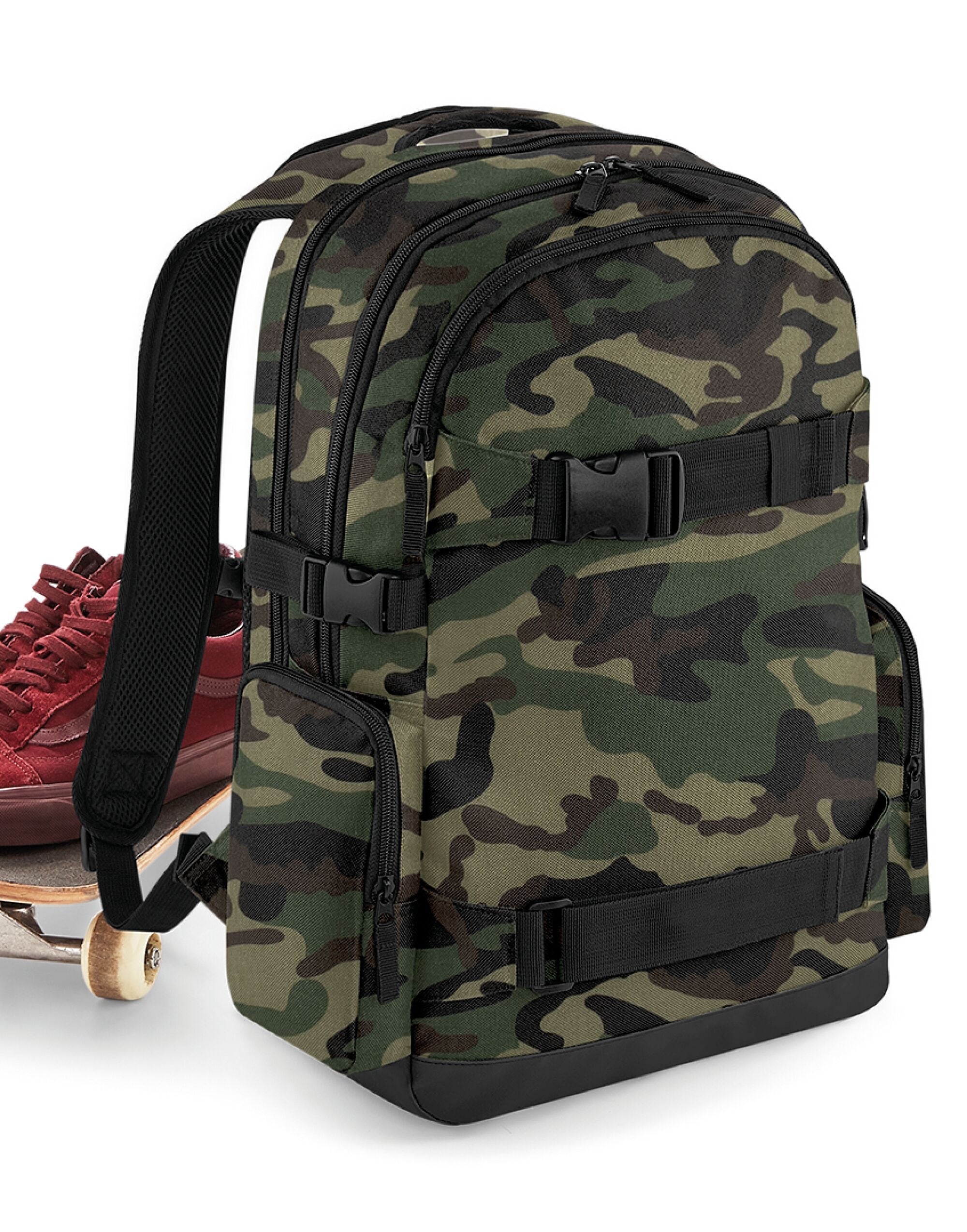 Side profile of the Bagbase Old School Boardpack, showing the padded shoulder straps and side mesh pocket.