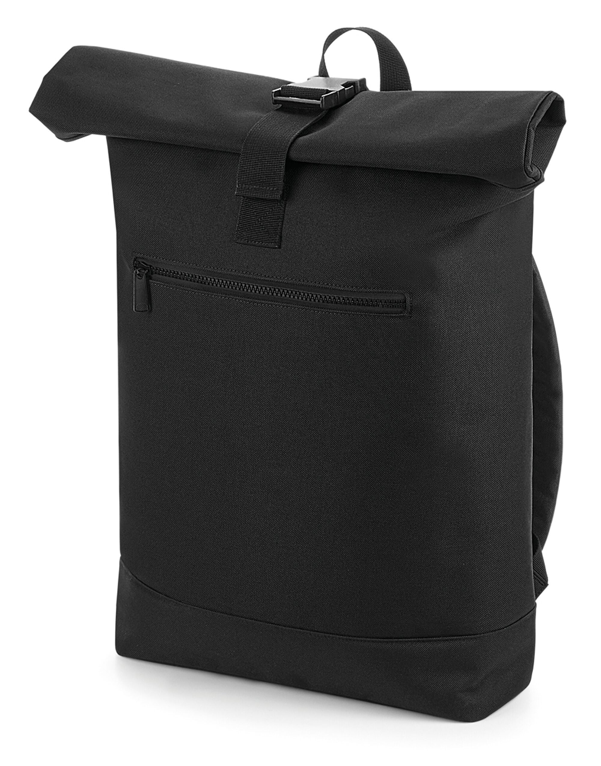 Front view of the Bagbase Roll-Top Backpack in a solid black, showcasing its sleek, modern, and expandable design.