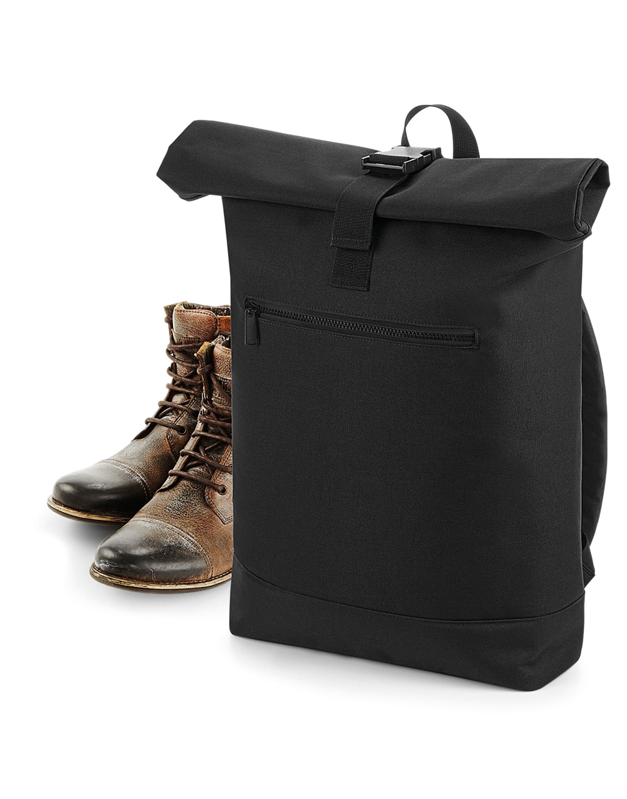 Detail shot of the Bagbase Roll-Top Backpack's water-resistant fabric in a stylish navy blue.
