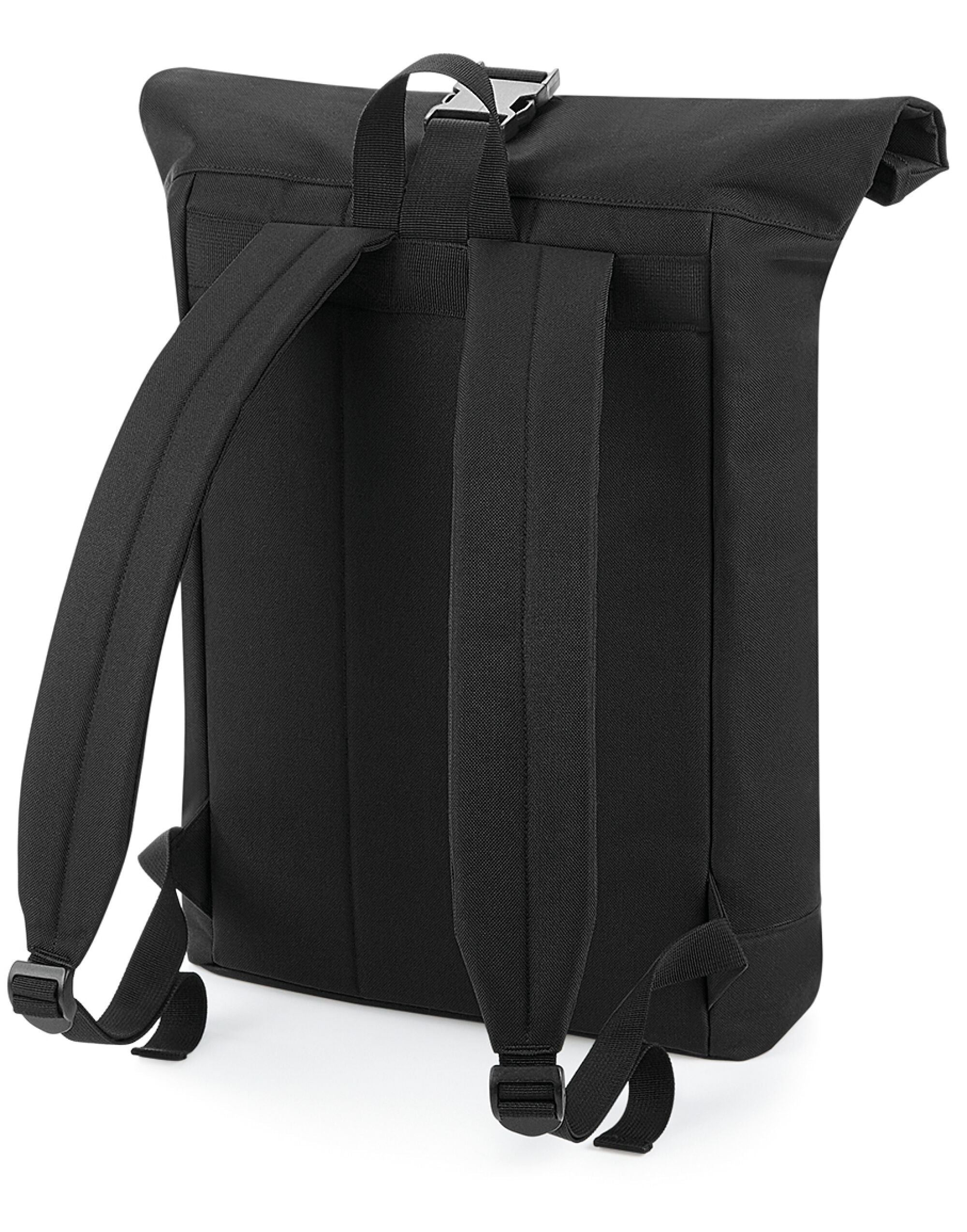 Angled side view of the olive green Bagbase Roll-Top Backpack, highlighting the secure buckle closure.