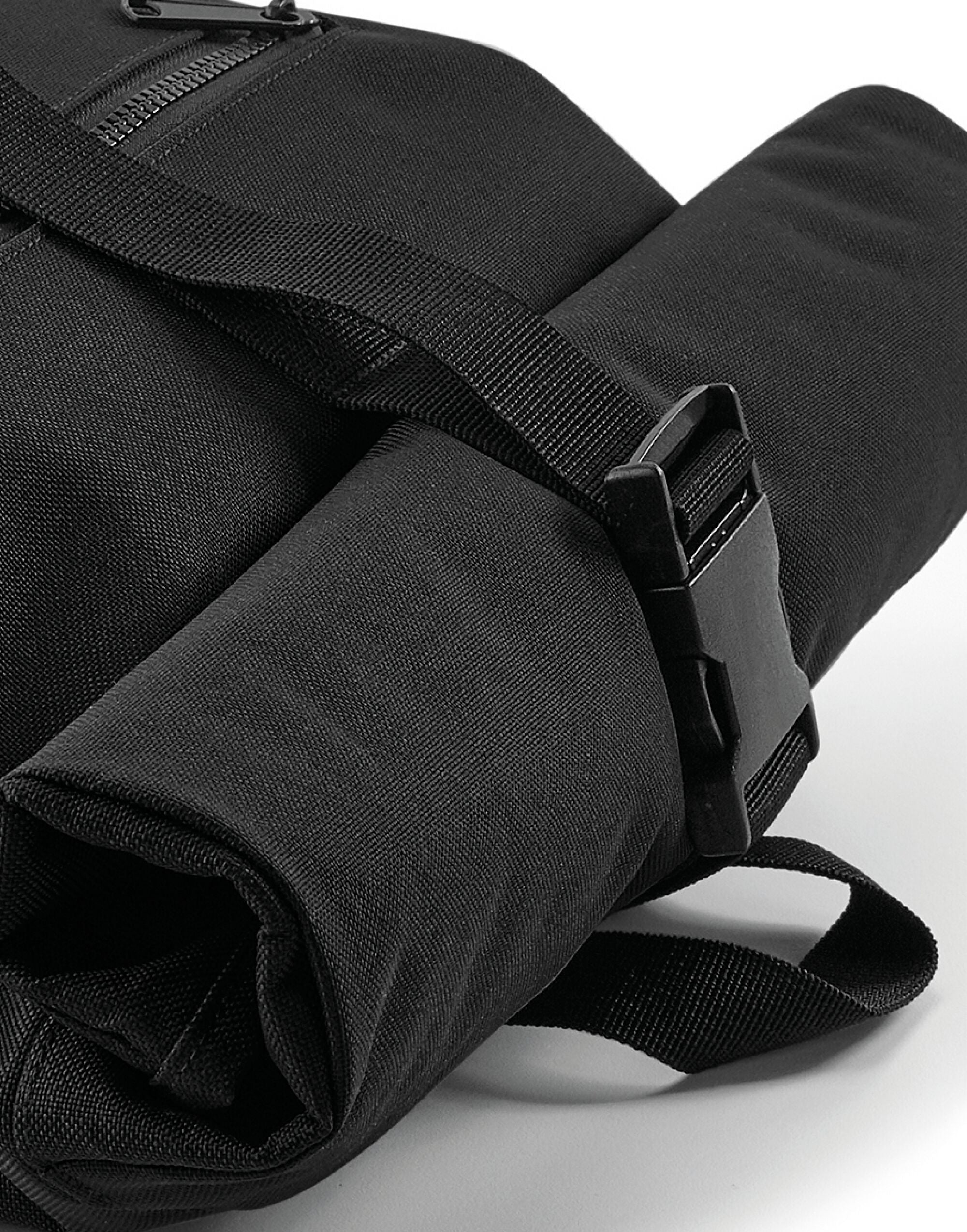 Close-up on the adjustable, padded shoulder straps of the Bagbase Roll-Top Backpack for enhanced comfort.