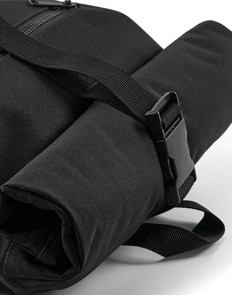 Close-up on the adjustable, padded shoulder straps of the Bagbase Roll-Top Backpack for enhanced comfort.