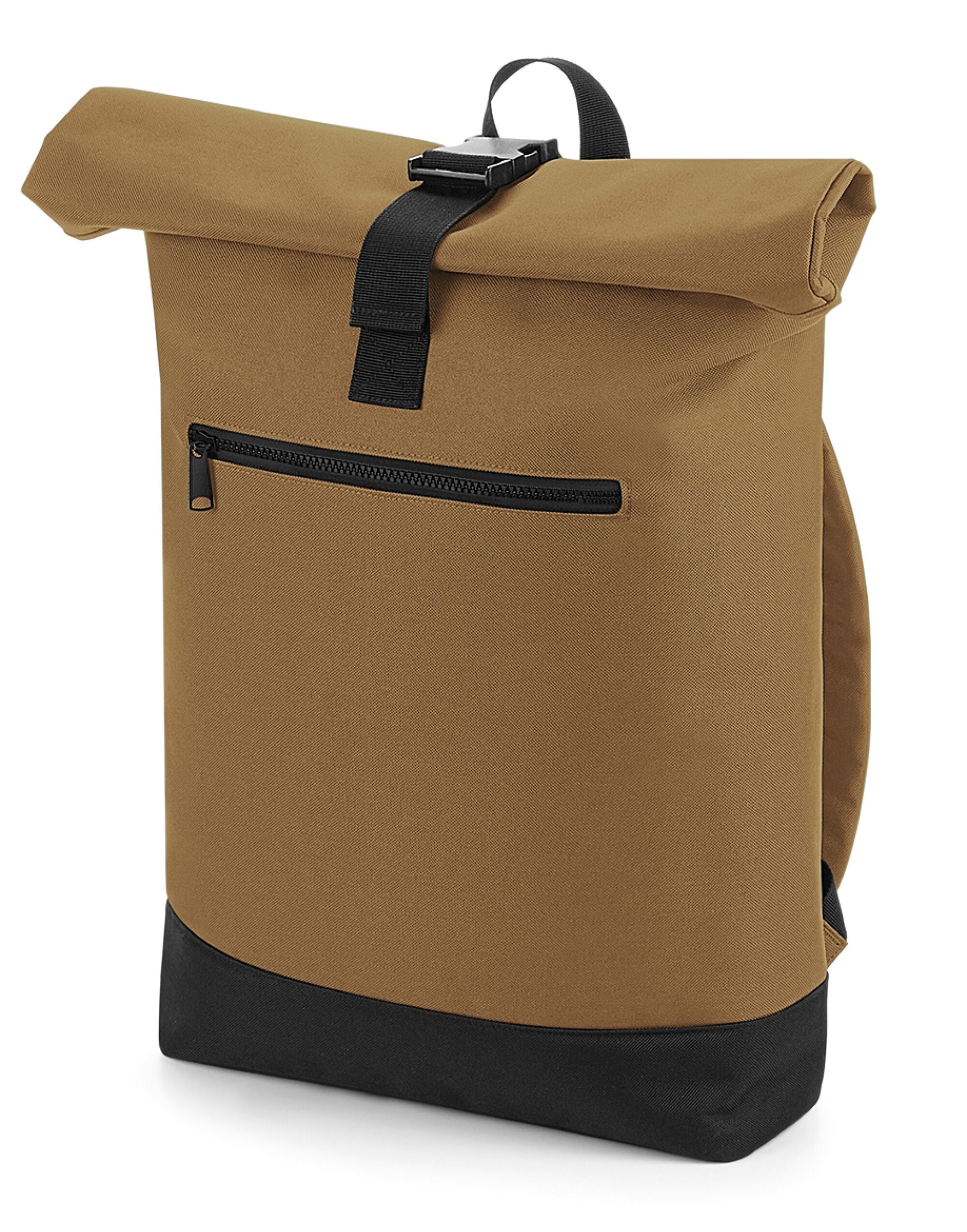 Back view of the Bagbase Roll-Top Backpack in graphite grey, displaying the padded back panel for support.