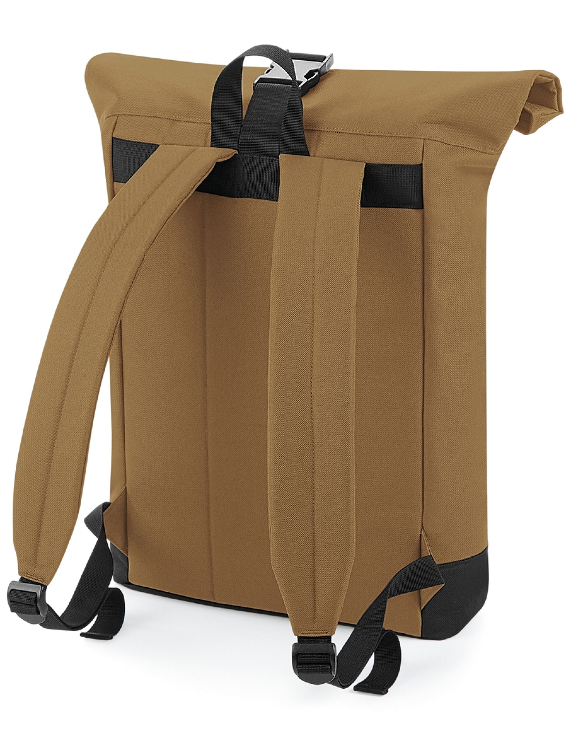The Bagbase Roll-Top Backpack in mustard yellow, providing a vibrant and stylish option for daily commuters.