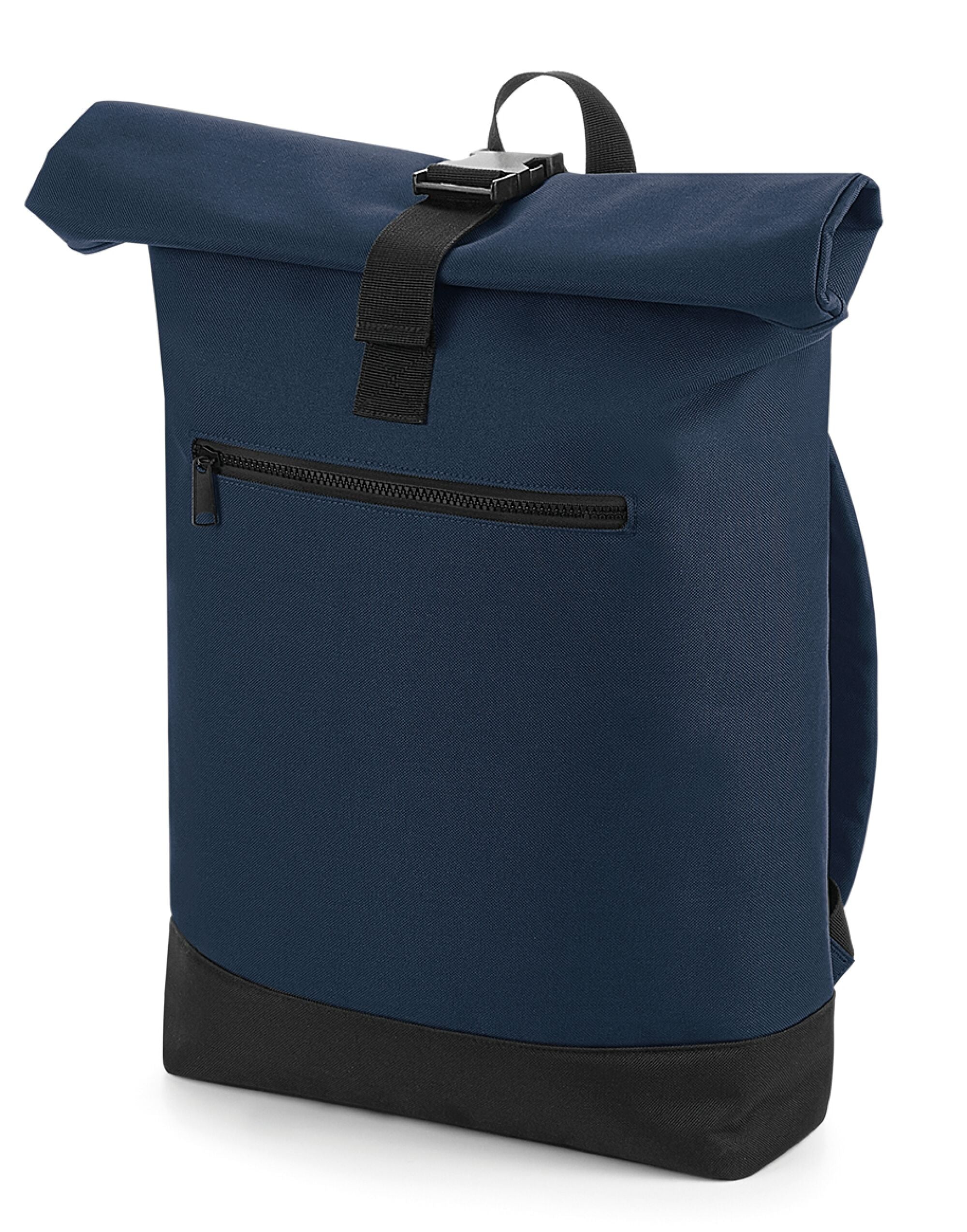 Close-up of the roll-top closure mechanism on the grey Bagbase backpack, featuring a sturdy clip.