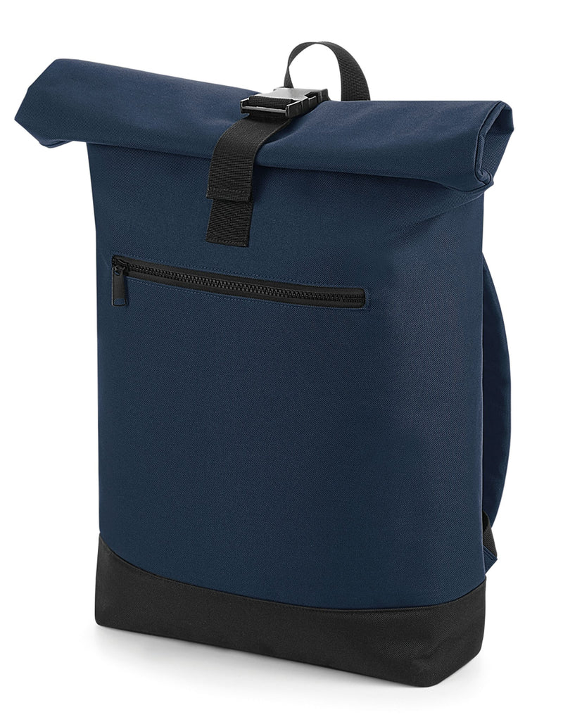 Close-up of the roll-top closure mechanism on the grey Bagbase backpack, featuring a sturdy clip.