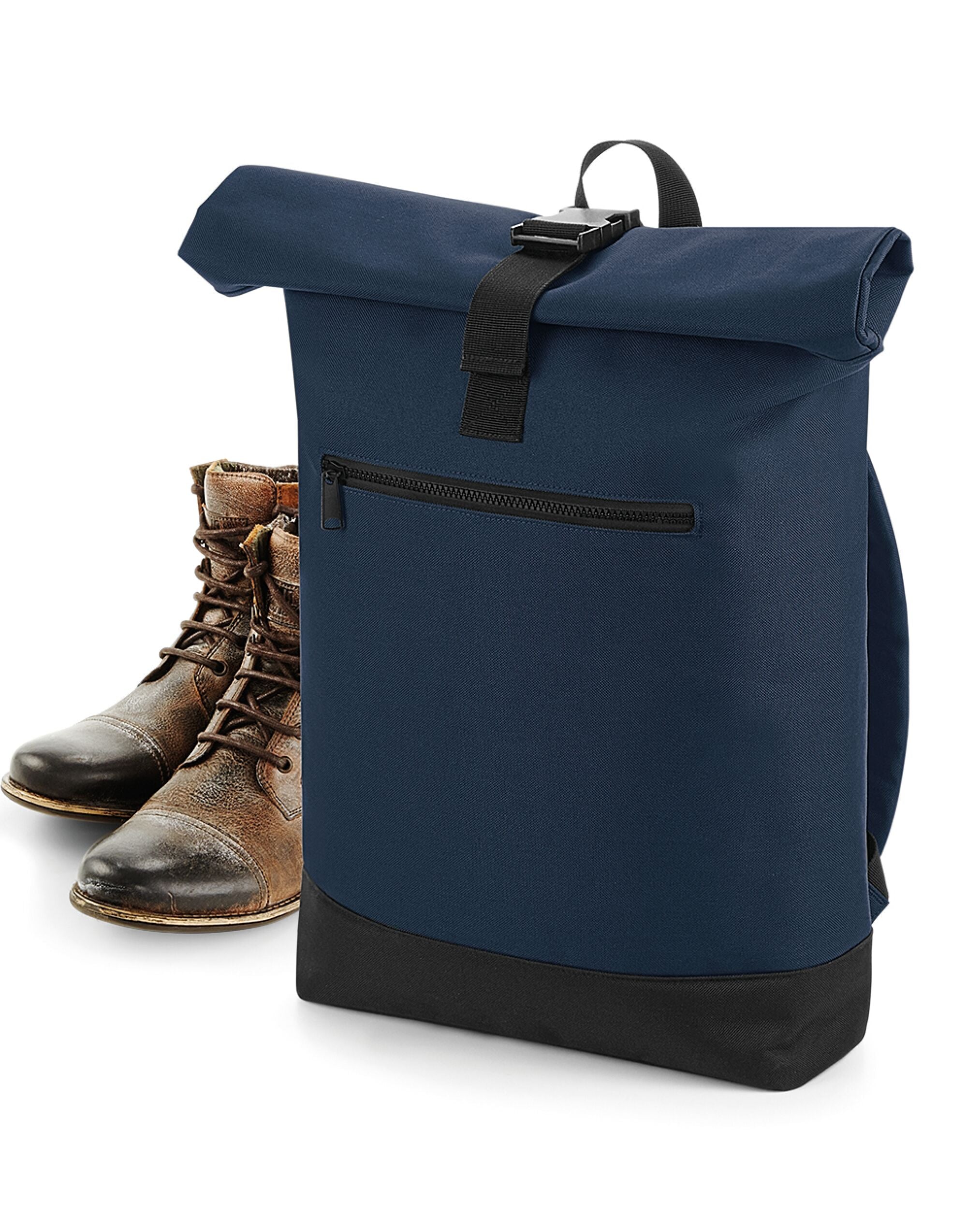 Side view of the olive green Bagbase Roll-Top Backpack, showing its depth and practical side pockets.