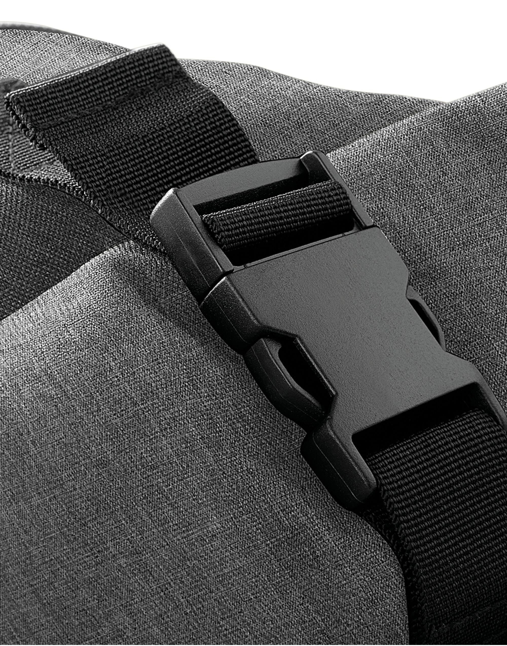 Navy blue Bagbase Roll-Top Backpack with its secure top strap and clip clearly visible.