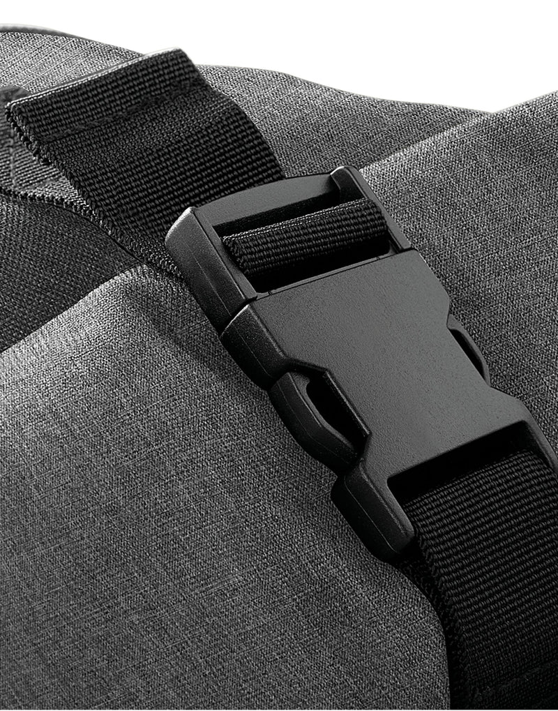 Navy blue Bagbase Roll-Top Backpack with its secure top strap and clip clearly visible.