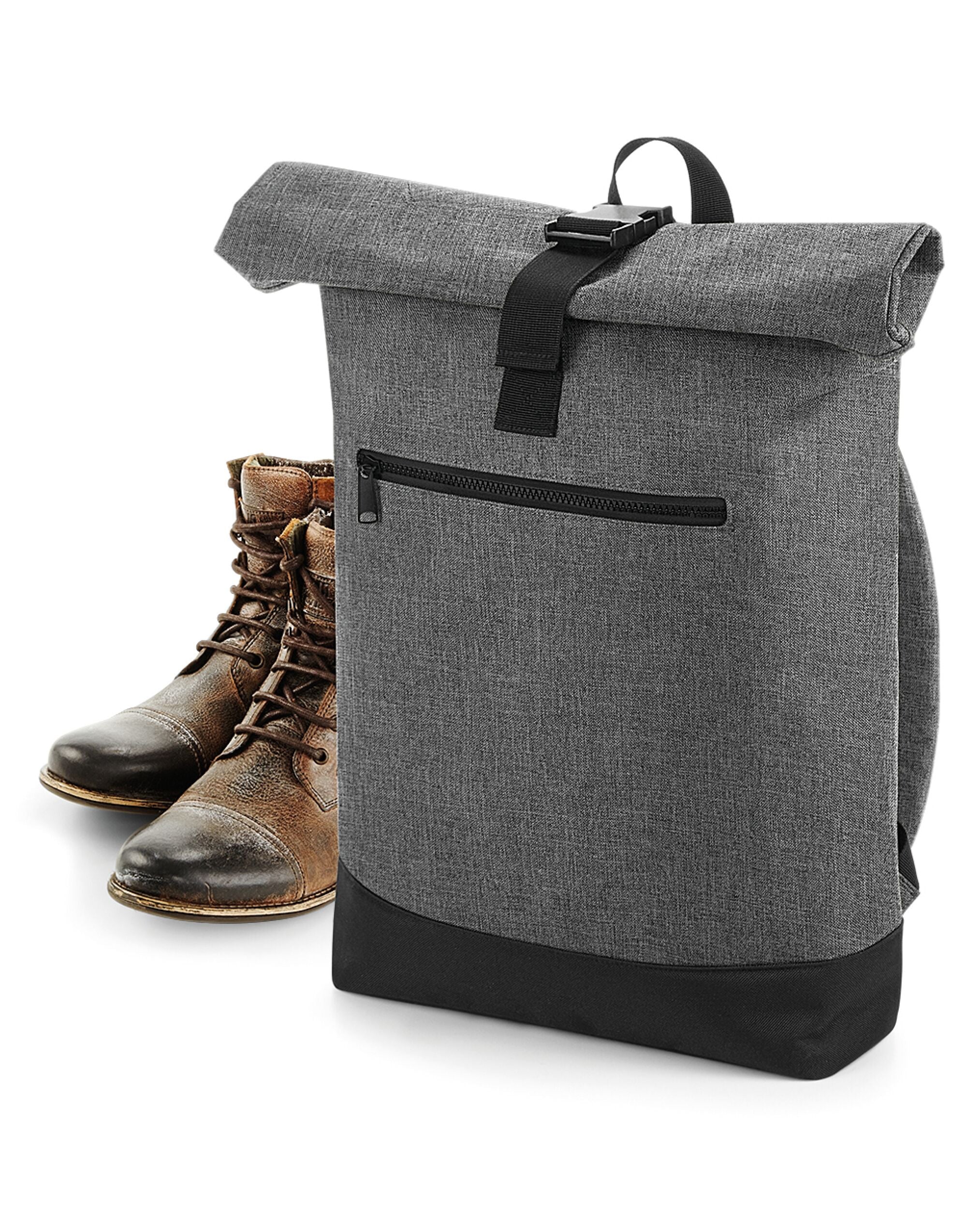 A sleek, black Bagbase Roll-Top Backpack, ideal for minimalists, shown from a dynamic angle.
