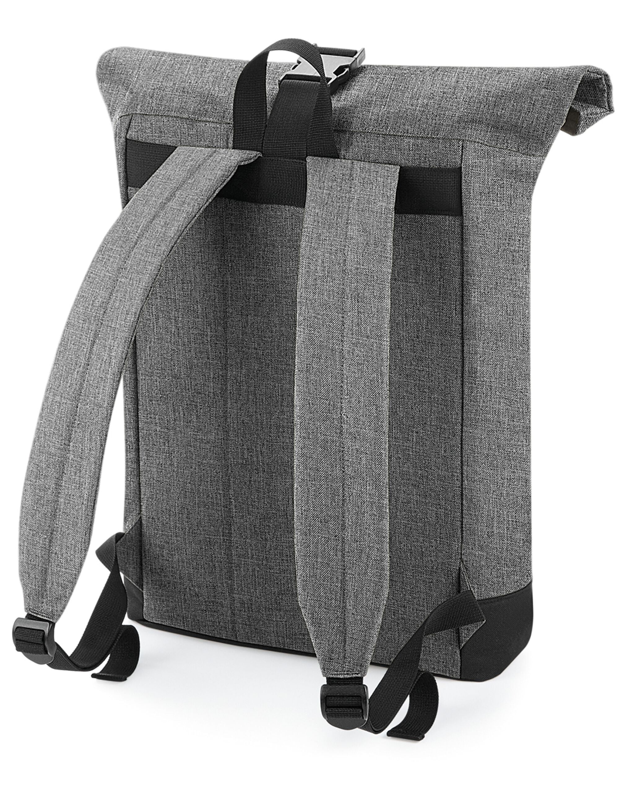 Full frontal view of the Bagbase Roll-Top Backpack in a versatile heather grey color.