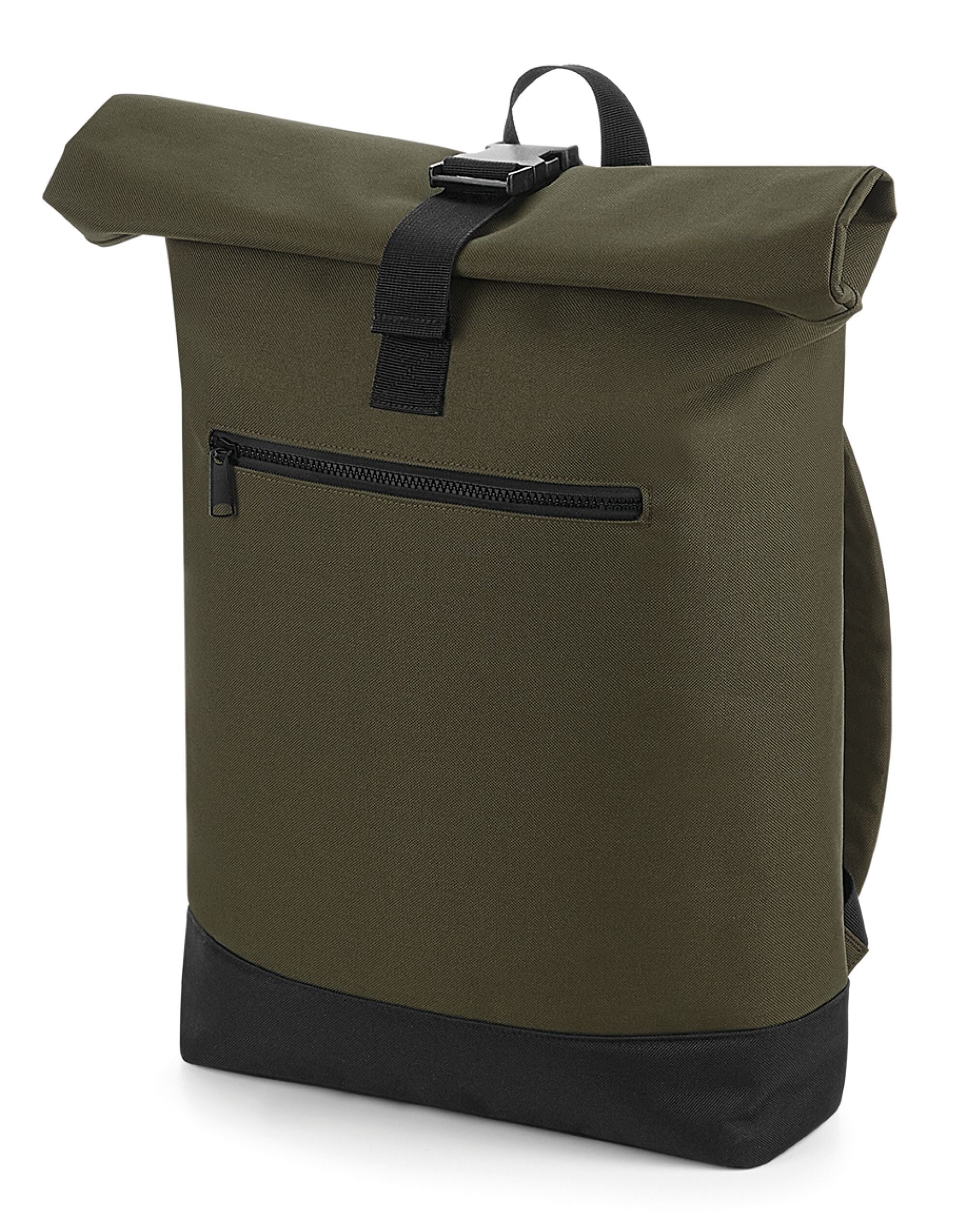 The Bagbase Roll-Top Backpack in black, presented on a neutral background for a clear product view.