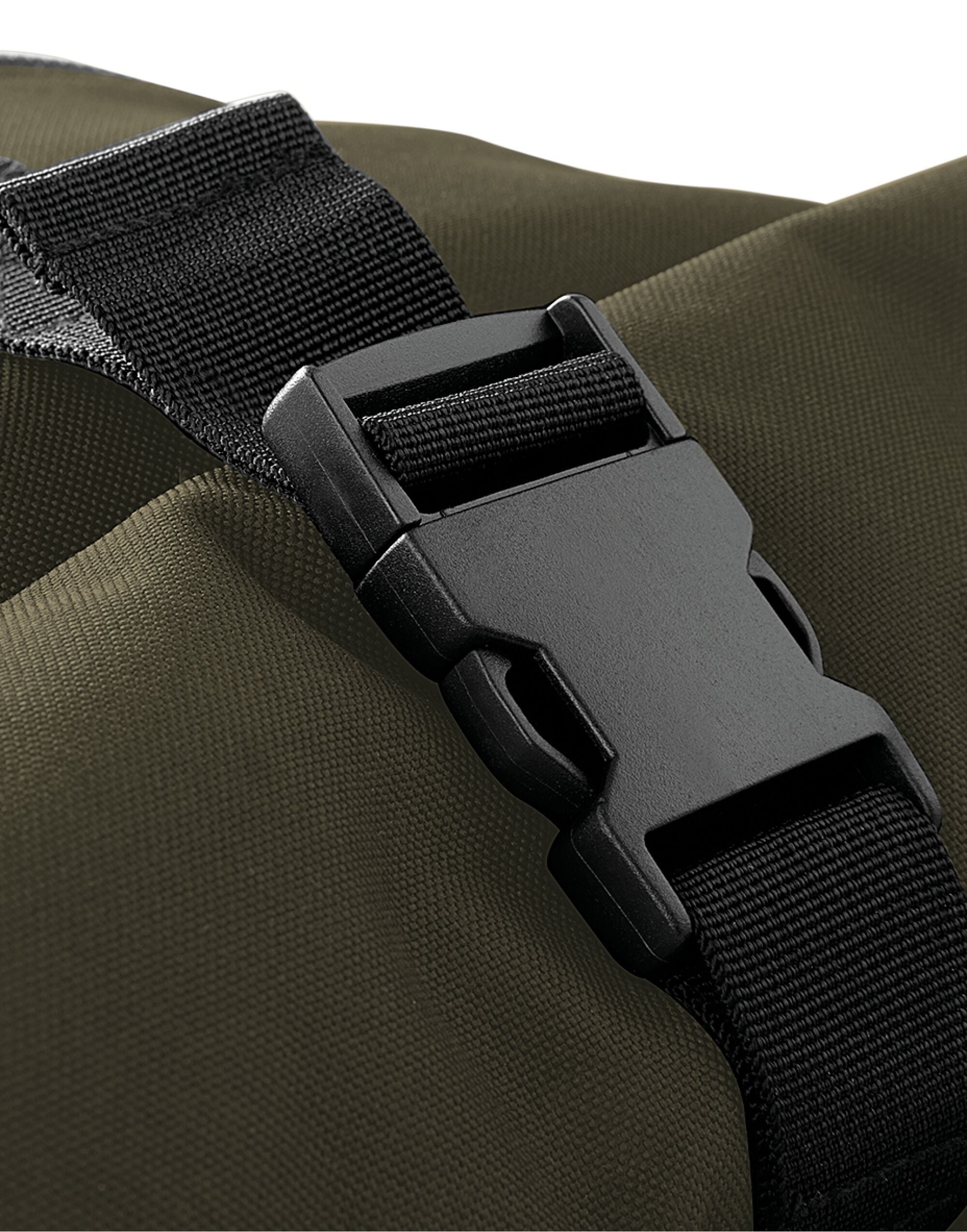 Detail of the branding patch on the front of the Bagbase Roll-Top Backpack.