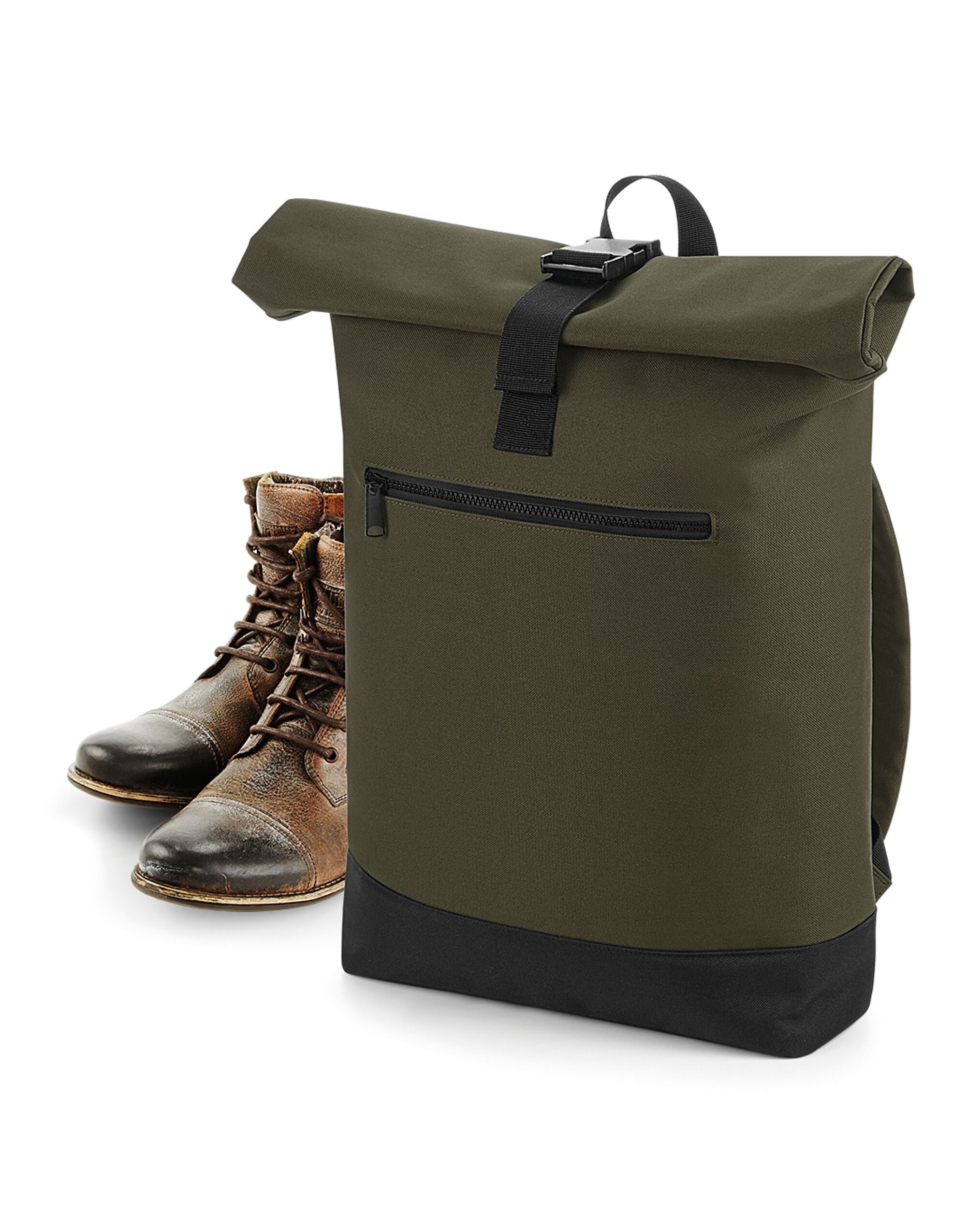 Side-by-side comparison of the Bagbase Roll-Top Backpack in black and grey, showing color variations.