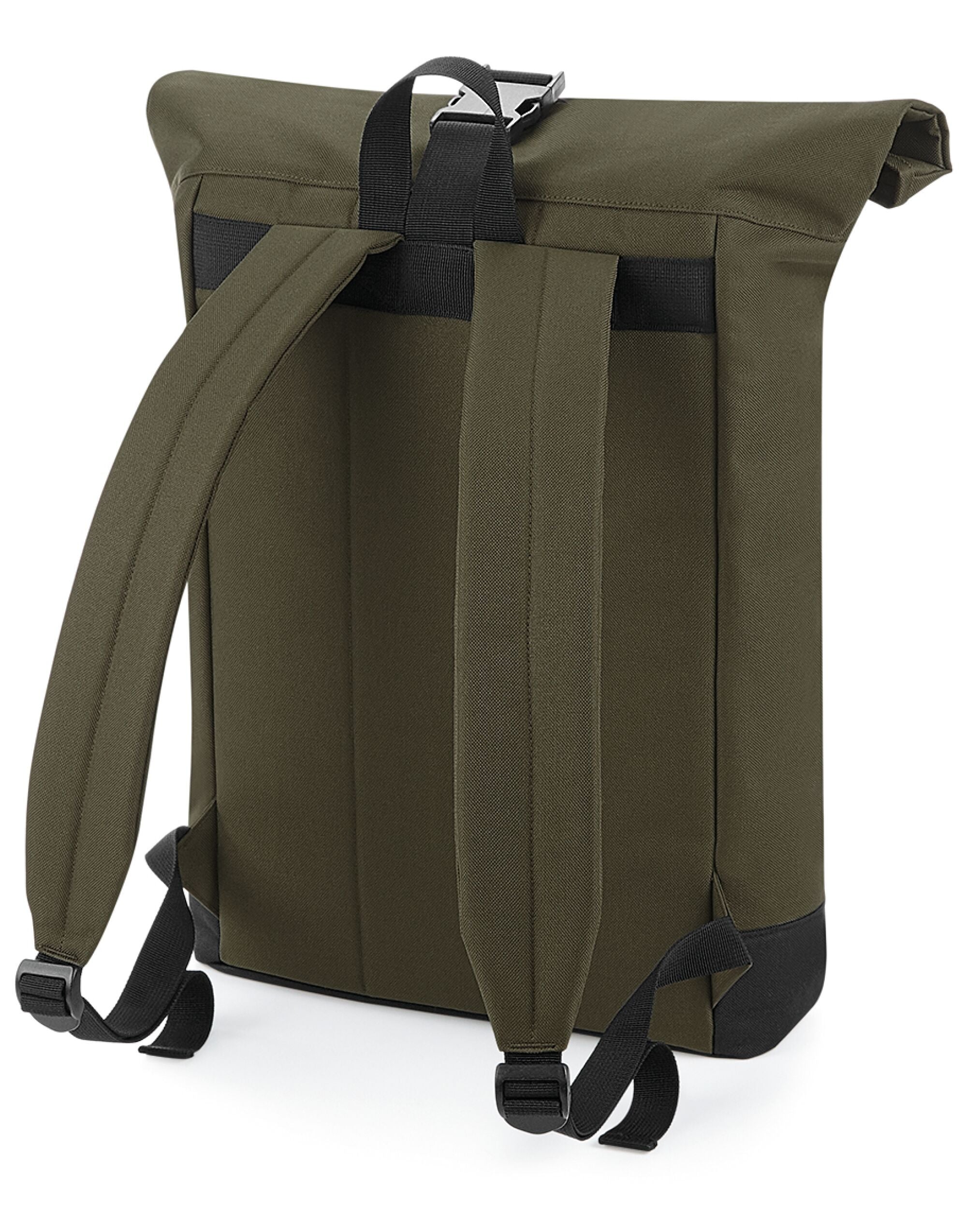 A person from behind carrying the navy Bagbase Roll-Top Backpack to show its scale and wearability.