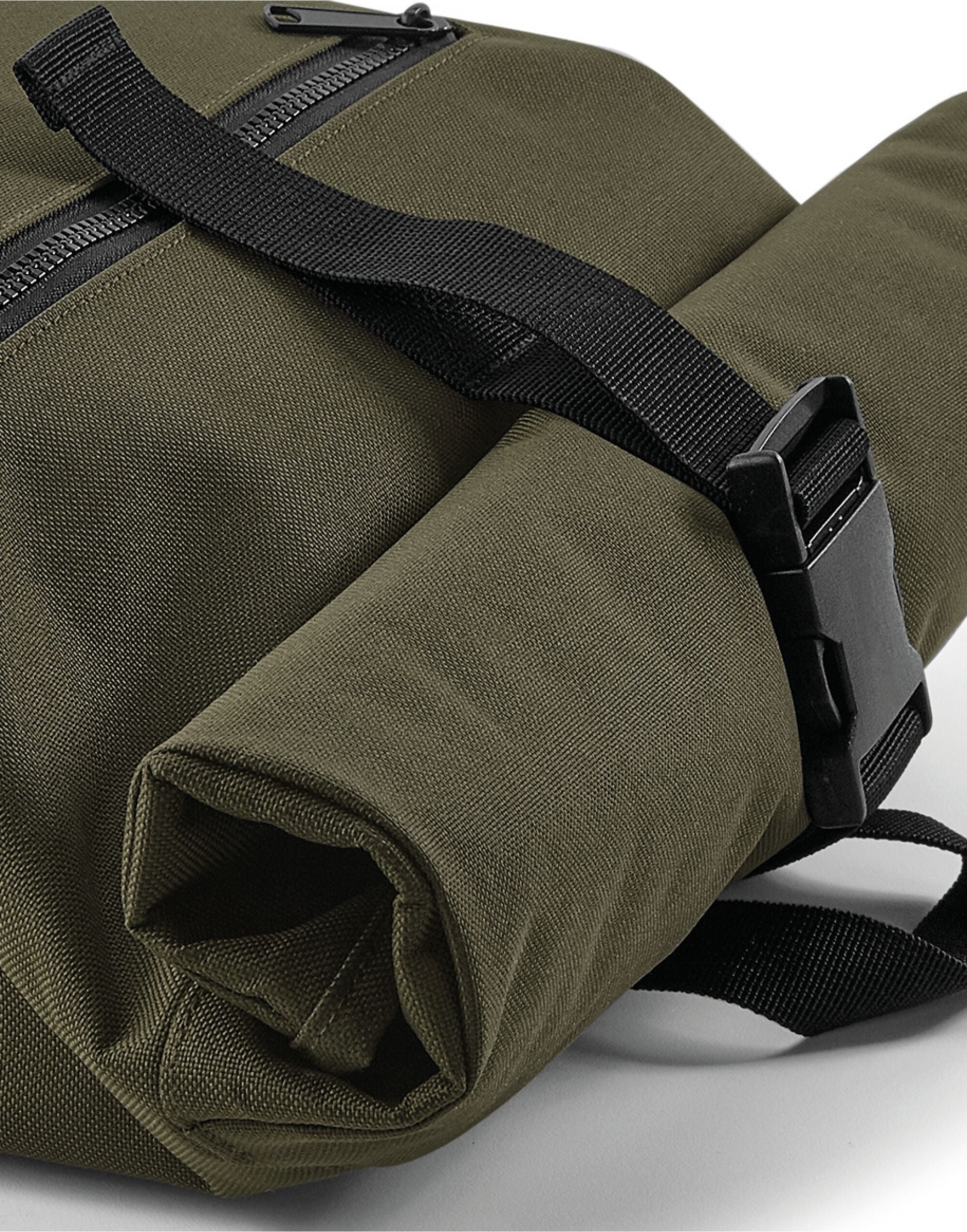 Full shot of the olive green Bagbase Roll-Top Backpack, perfect for outdoor and adventure use.