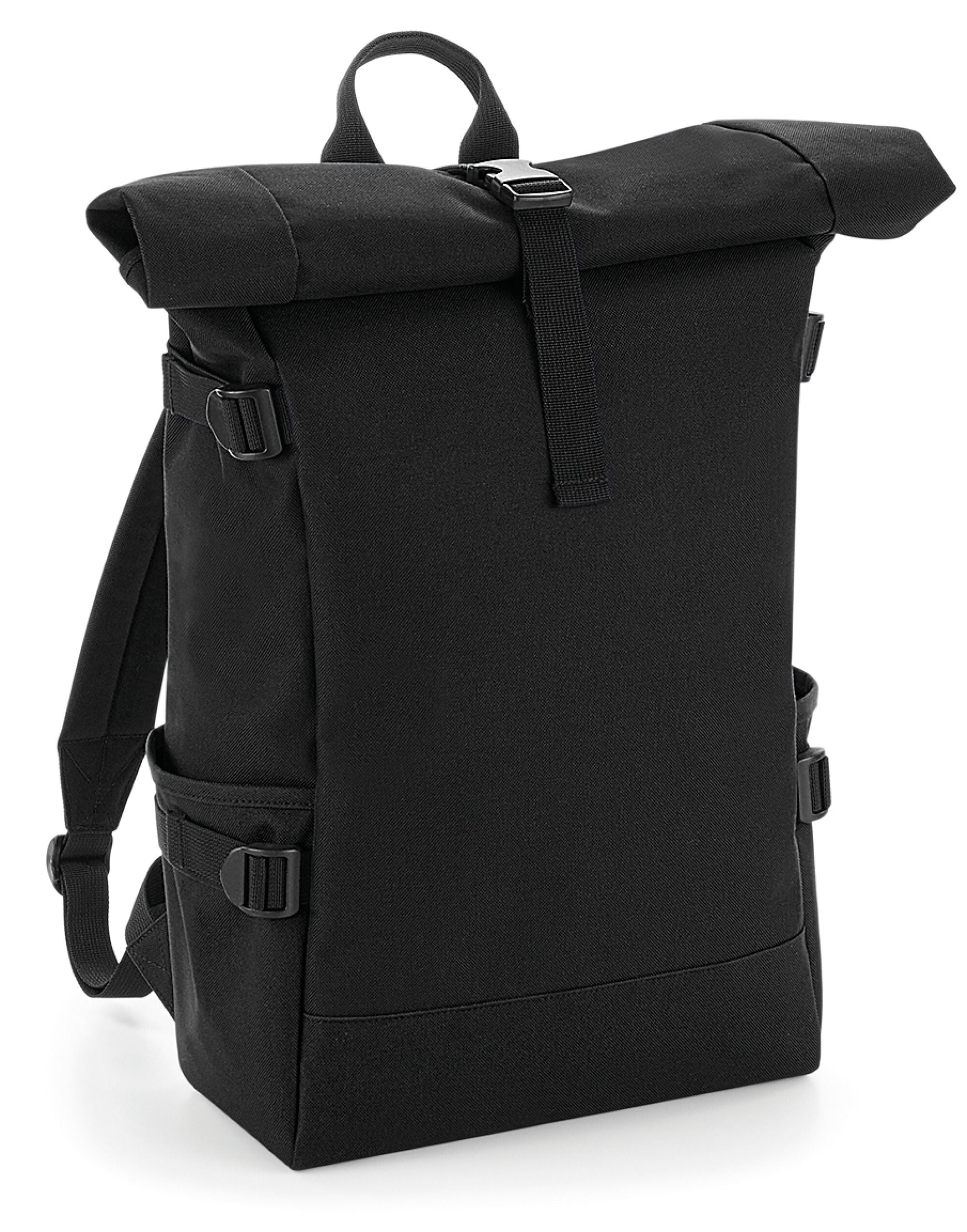 Front view of the Bagbase Block Roll-Top Backpack in black and grey, featuring a distinct color-block design.